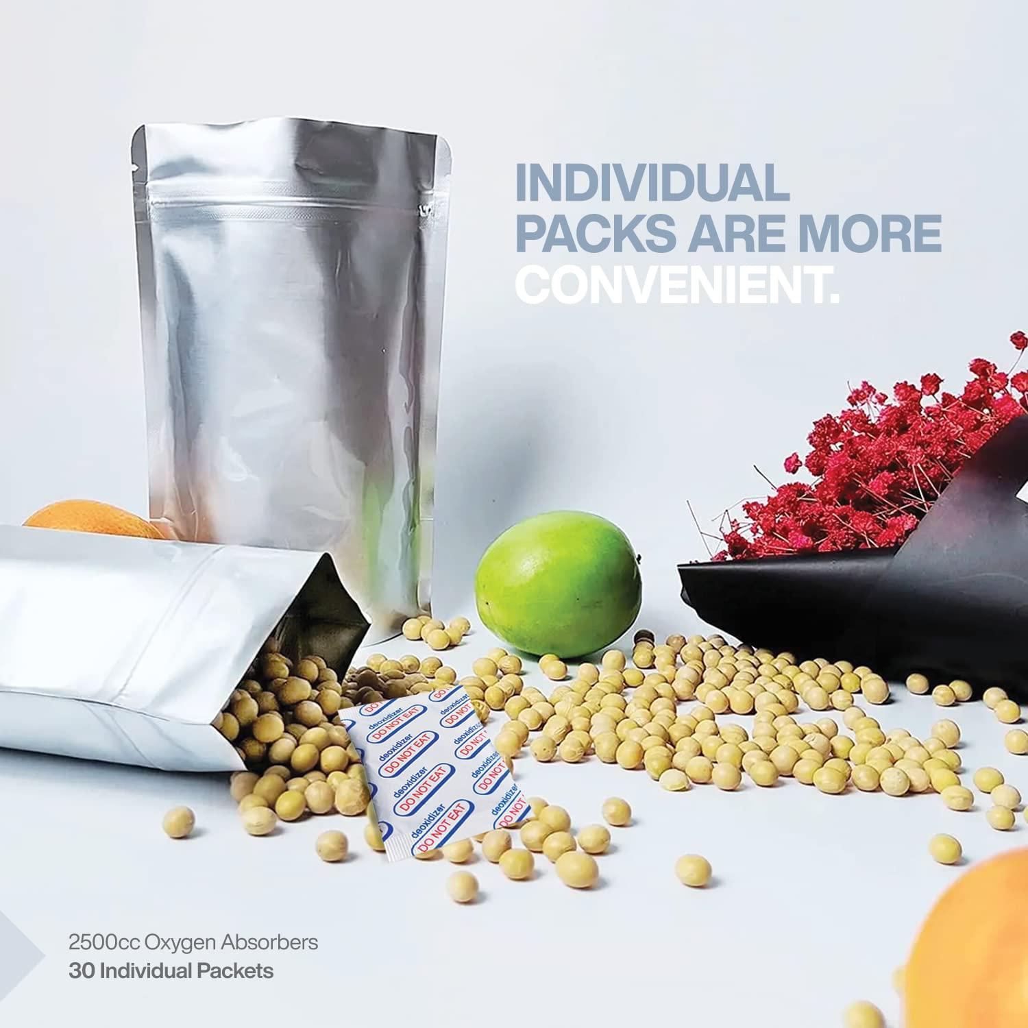 BRENSTEN 2500cc Oxygen Absorbers (Individually Sealed - Total 30 Count) for Food Storage, Food Grade Oxygen Absorbers Packets with Oxygen Indicator for Long Term Storage and Preservation(2500CC(30-Pack))