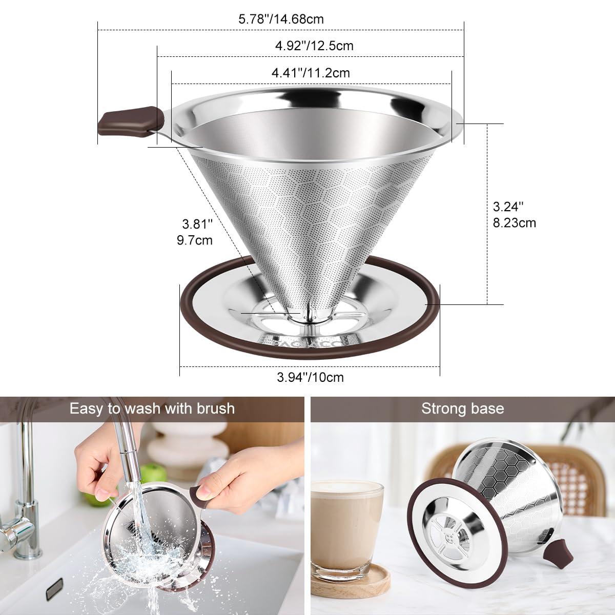 FACIACC FACIACC Pour Over Coffee Dripper, Professional Stainless Steel Coffee Filter, Paperless and Reusable, Upgraded Double Micro Mesh Filter with Spoon and Silicone Tray, Cleaning Brush (3-4 Cup)