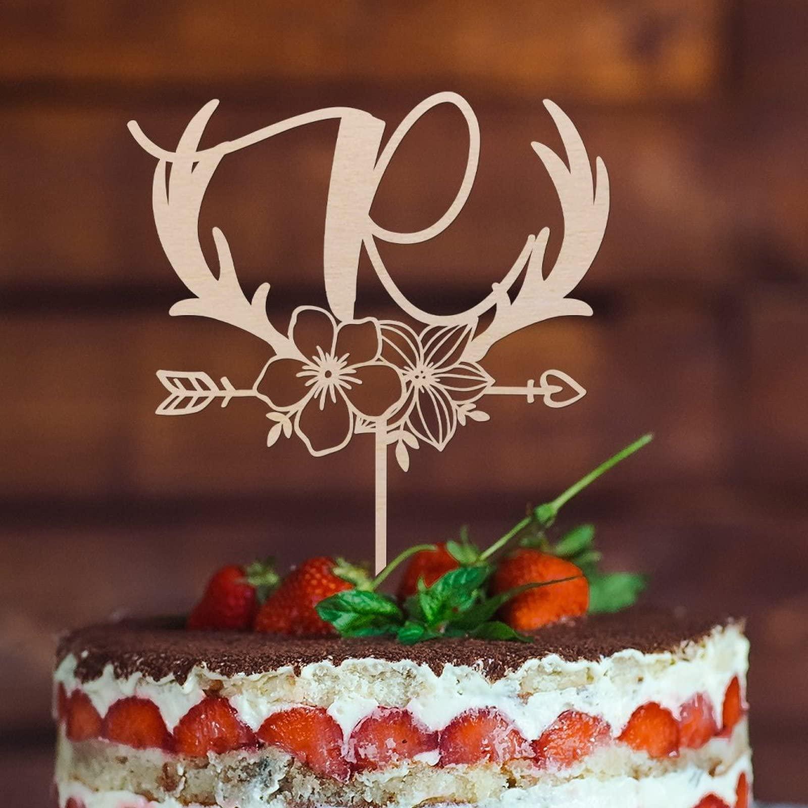 Vinisong Vinisong Personalized Initials Cake Topper Wreath Letter R Cake Topper Wood Monogram Cake Topper Rustic Wedding Cake Topper Birthday Cake Decoration(Design 01,R)