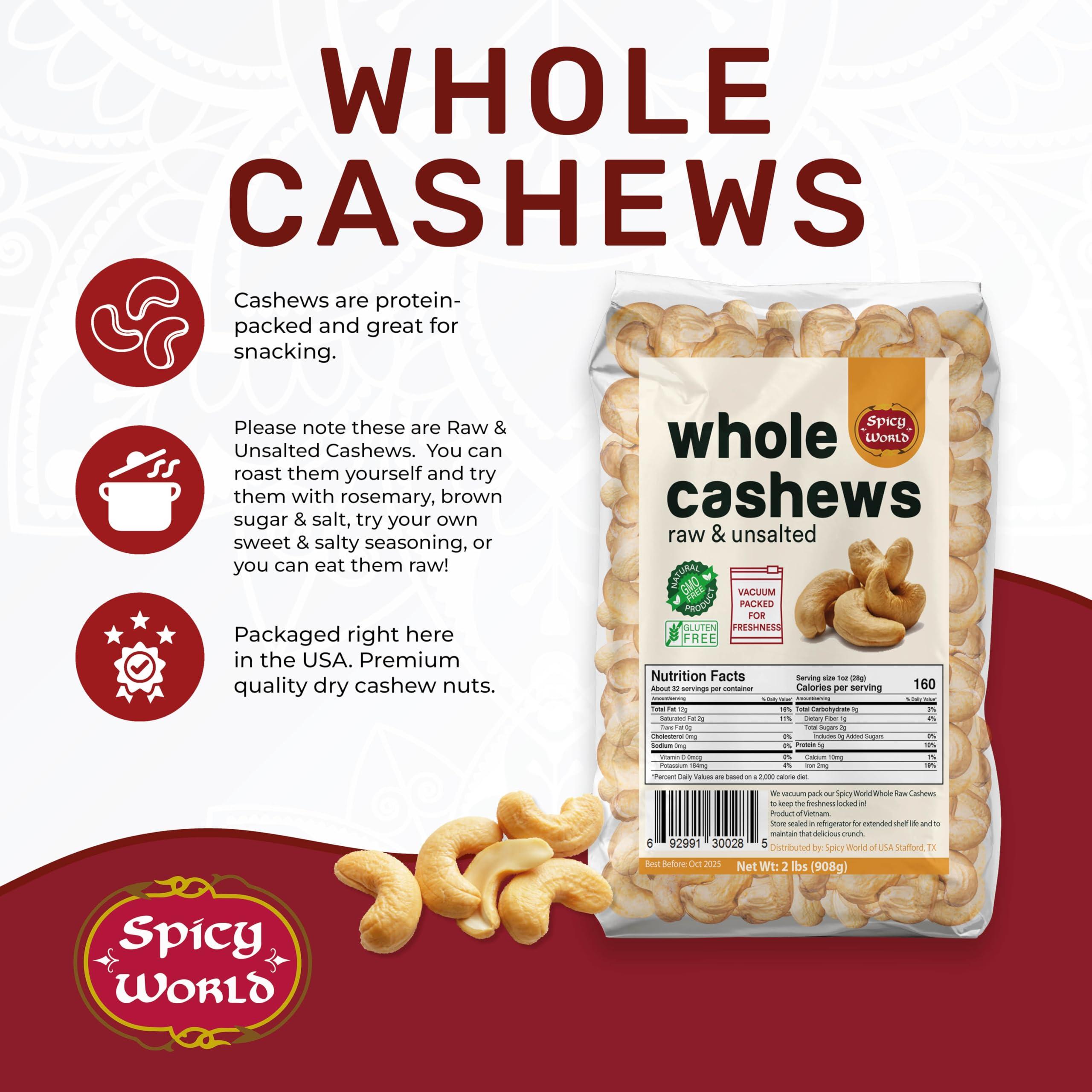 Spicy World Spicy World Raw Cashews Whole 2 Pound Bulk - Unsalted, Natural & Pure, No Chemicals