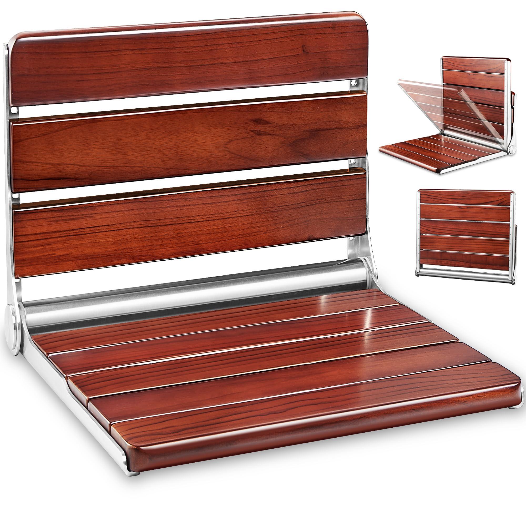 Durtschi Upgraded 19" ADA Compliant Folding Teak Shower Seat Wall Mounted - Larger Teak Shower Bench, Home Care Folding Shower Seat for Inside Shower, Wall Mount Shower Chair Shower Stool, Max Load 400lb
