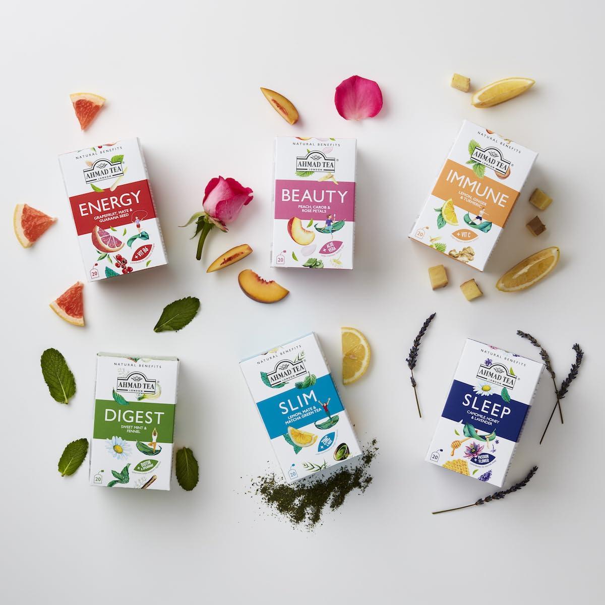 Ahmad Tea Ahmad Tea Natural Benefit Functional Tea Selection Pack | Green teas, Fruit & Herbal Infusions | Perfect herbal tea gift - 60 Teabag Sachets | 6 blends