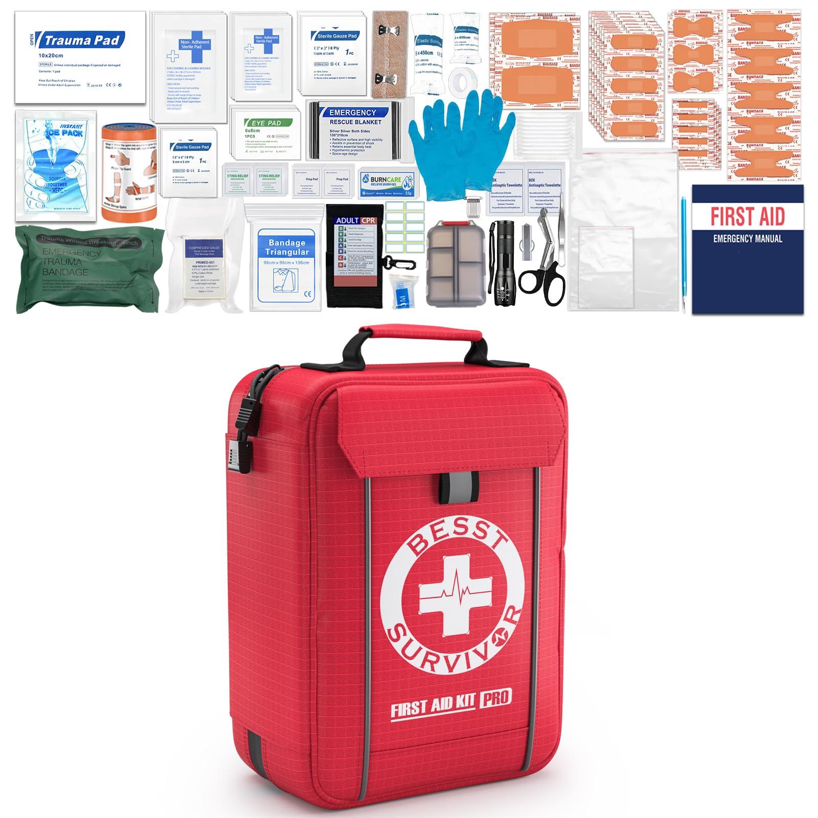 Besst Survivor Premium First Aid Kits, Labelled Compartments Industries Trauma Kits -MOLLE System Large Emergency Medical Kits for Car, Boats, Workplace, Outdoors, Hurricanes, 265 Piece Emergency Necessities Kits