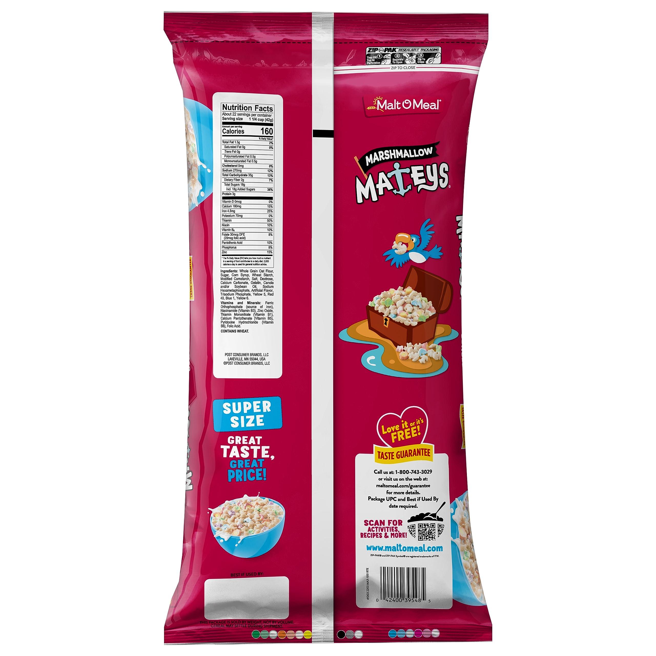 Malt-O-Meal Malt-O-Meal Marshmallow Mateys Breakfast Cereal, Frosted Oat Cereal with Marshmallow Bits, Large Cereal for Family, 33 OZ Resealable Cereal Bag