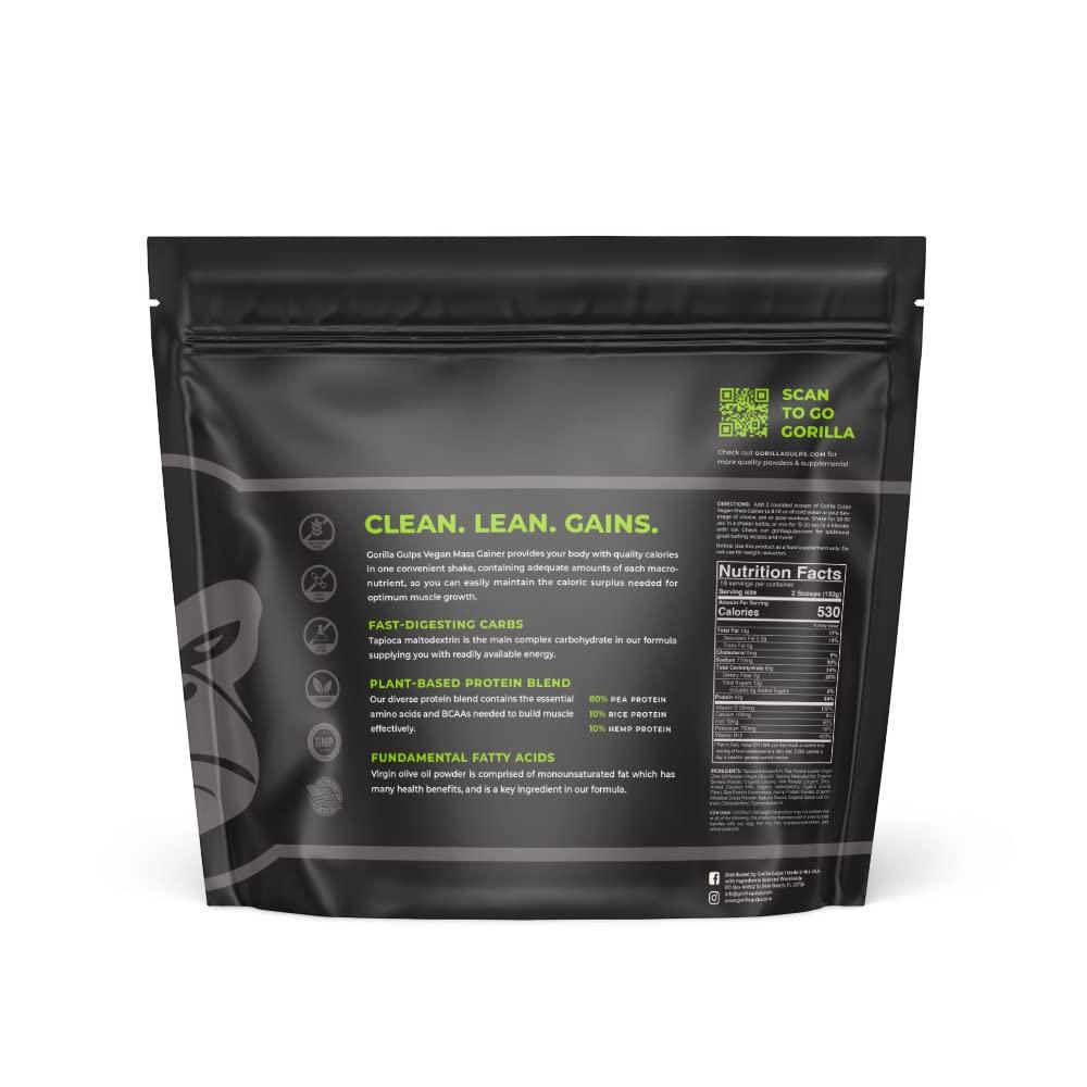 Gorilla Gulps Gorilla Gulps Mocha Vegan Mass Gainer 5 lb Natural High Calorie Protein Powder GMO, Gluten, Dairy, & Soy Free. No Artificial Ingredients 530 Calories 18 Servings