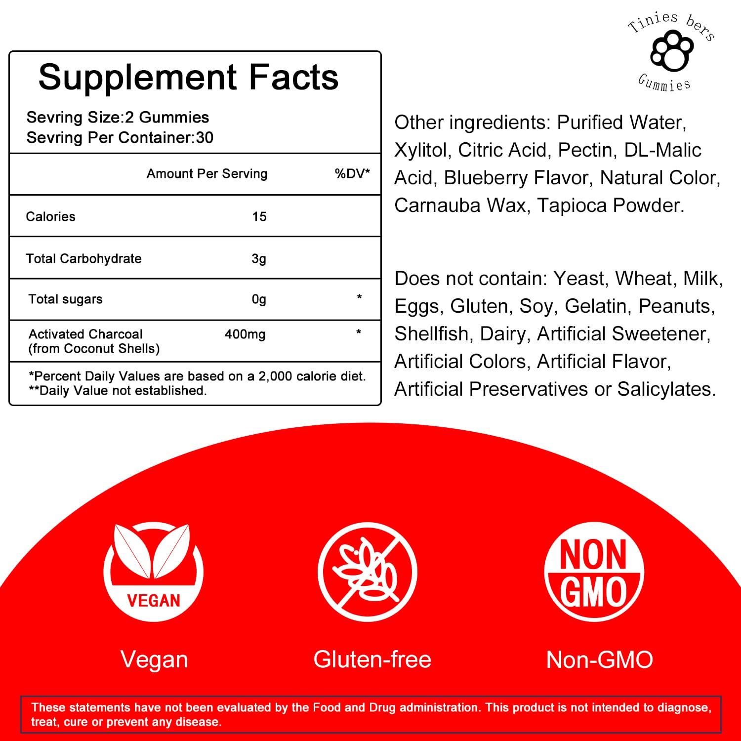 Tinies bers Activated Charcoal Gummies Sugar Free, 400mg Charcoal Supplements from Coconut, Quicker to Cleanse, Detox, Gas Relief, Gut & Oral Health for Adults & Kids, Gluten Free, Non GMO, Vegan, Pectin, 60