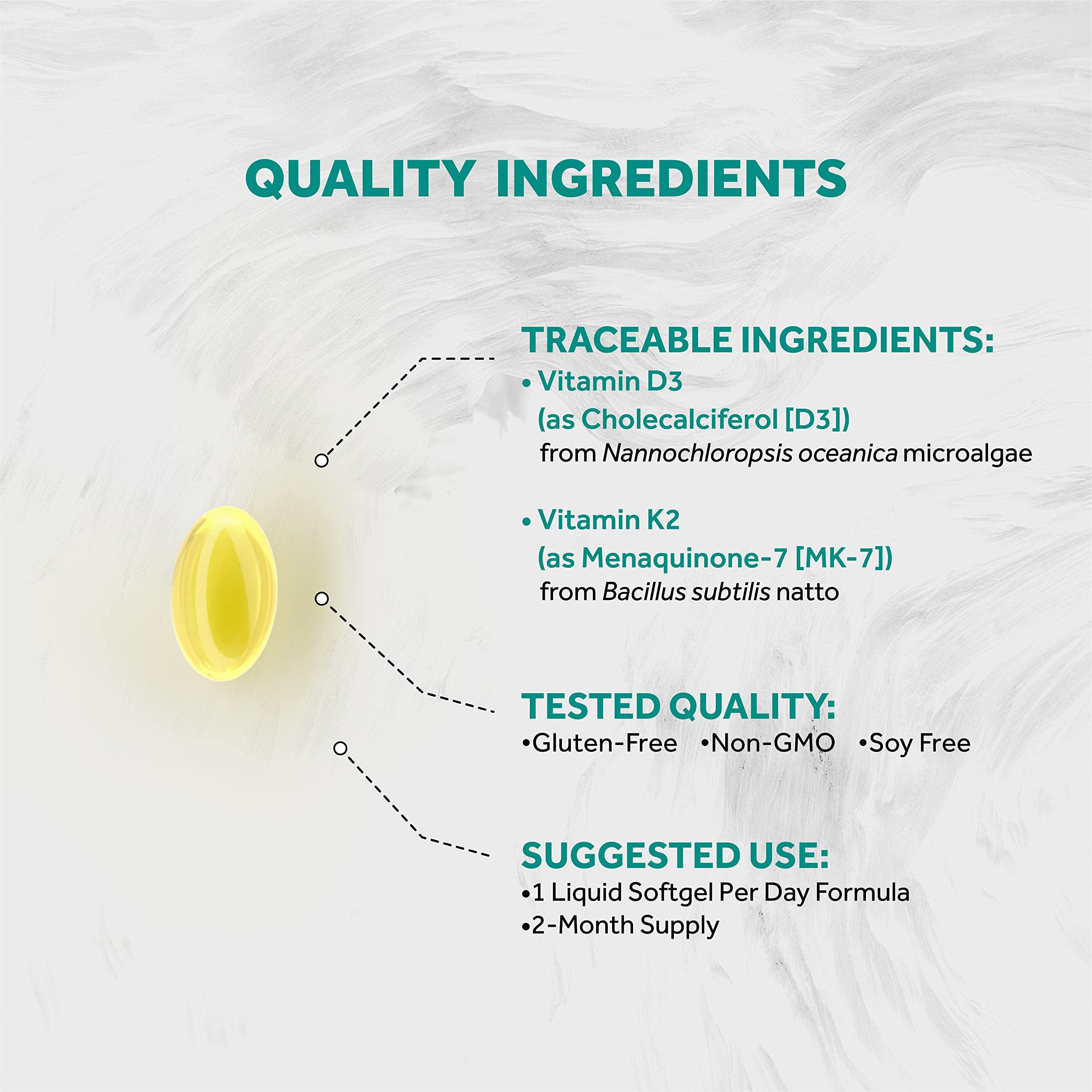 Naturalis Naturalis Vegan Vitamin D3 + K2 from Algae | 5000iu Vitamin D with 120mcg MK7 Vitamin K | Vegan Society Certified, Sustainably Sourced, Better Than Animal Derived | 60 Veggie Softgels