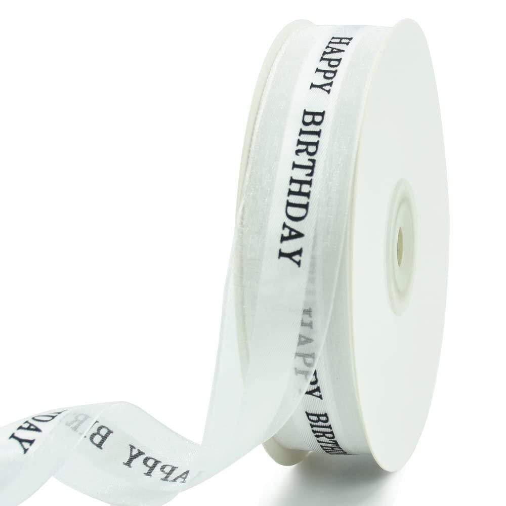 TONIFUL TONIFUL Happy Birthday Ribbon 1 Inch White Satin Silk Ribbons for Gift Wrapping 50 Yards Chiffon Organza Ribbon for Birthday Party Supplies Bouquet Wrapping Cake Box Wrapping Decoration