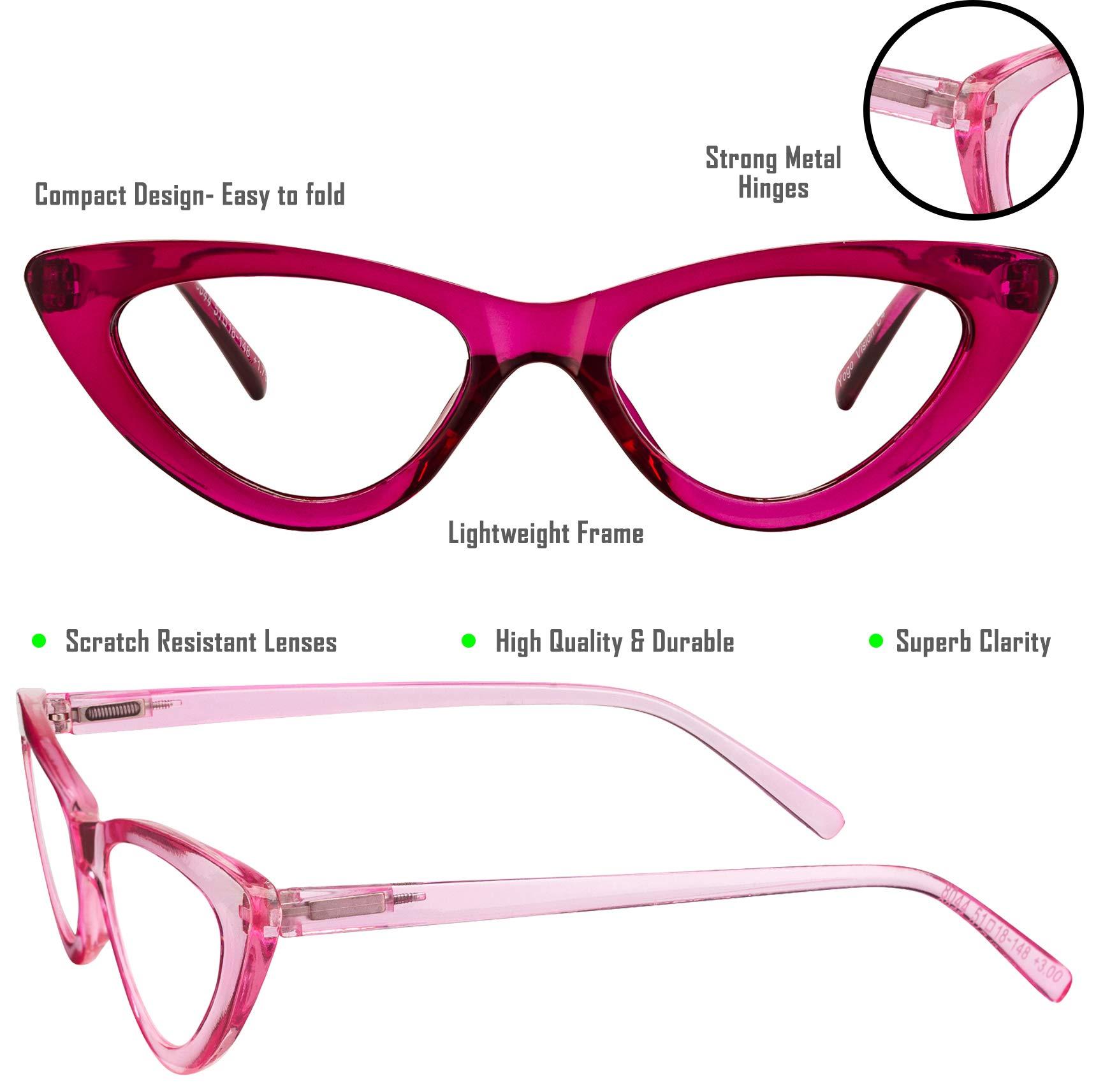 Yogo Vision Yogo Vision Reading Glasses Readers for Women Cateye Eyeglasses and Light Spring Hinge Frame Set of 5: Black, Grey, Pink. Hot Pink, Brown Havana 2.25
