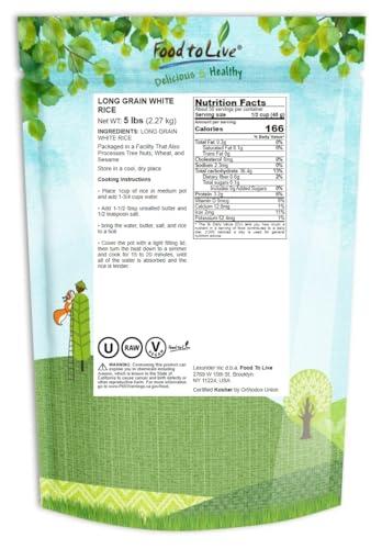 Food to Live Food to Live Long Grain White Rice, 5 Pounds Raw, Vegan, Kosher. Easy to Cook. Stays Separate and Fluffy. Rich in Iron and Low in Fat. Great as Side Dish. Perfect for Stuffing, Pilafs, and Salads