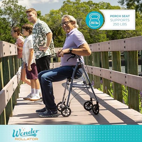 Stander Stander Wonder Rollator Short, Lightweight Junior Folding-Walker for Seniors and Adults, Travel Space-Saver-Rollator, Petite Four Wheel Walking Aid with Seat, Vivid White