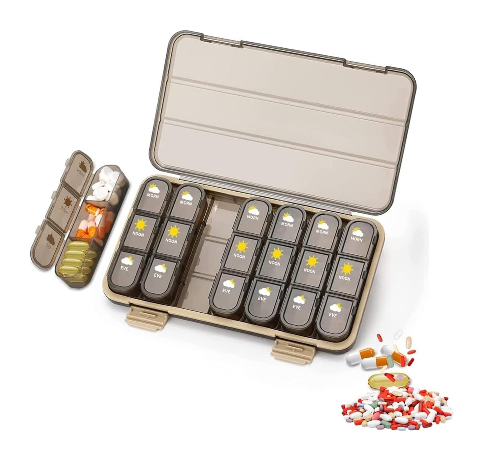 SNIME Pill Dispenser Pill Organizer,Travel Pill Box 7 Day, Airtight Pill Case Waterproof Moisture Proof, BPA Free, Easy Open (Size : 21 grids-Brown)