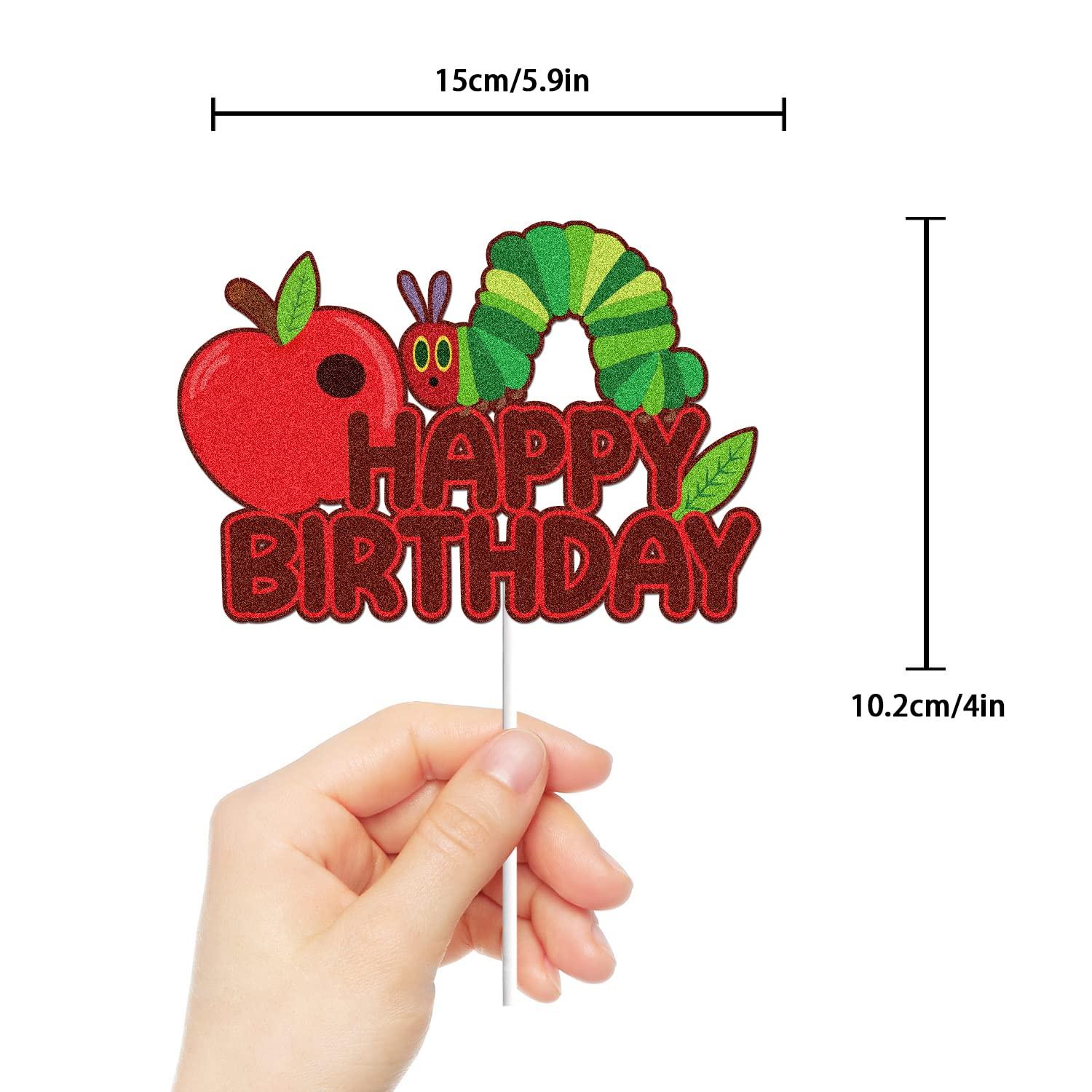 LINGBOOM Hunger Caterpillar Happy Birthday Cake Topper Fairy tales Very Hungry Caterpillar Butterfly Birthday Cake Decoration Red Glitter Juicy Fruit Theme Birthday Party Supplies