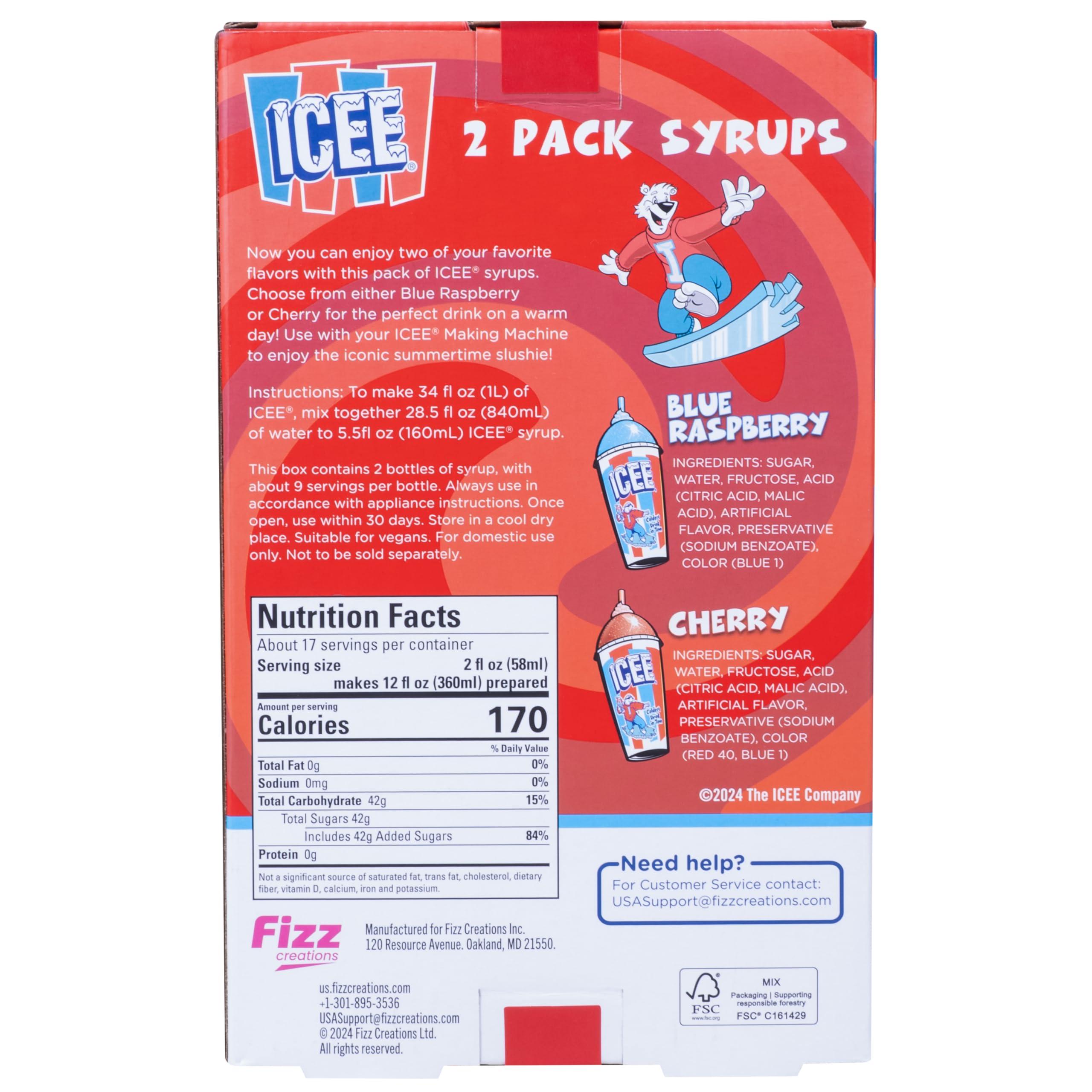 Fizz Creations ICEE 2 Pack Slushie Syrups. Genuine ICEE Slushy syrups including Blue Raspberry and Red Cherry Flavors. 2 16.9 Fl oz Bottles. Officially Licensed ICEE Merchandise from Fizz Creations.