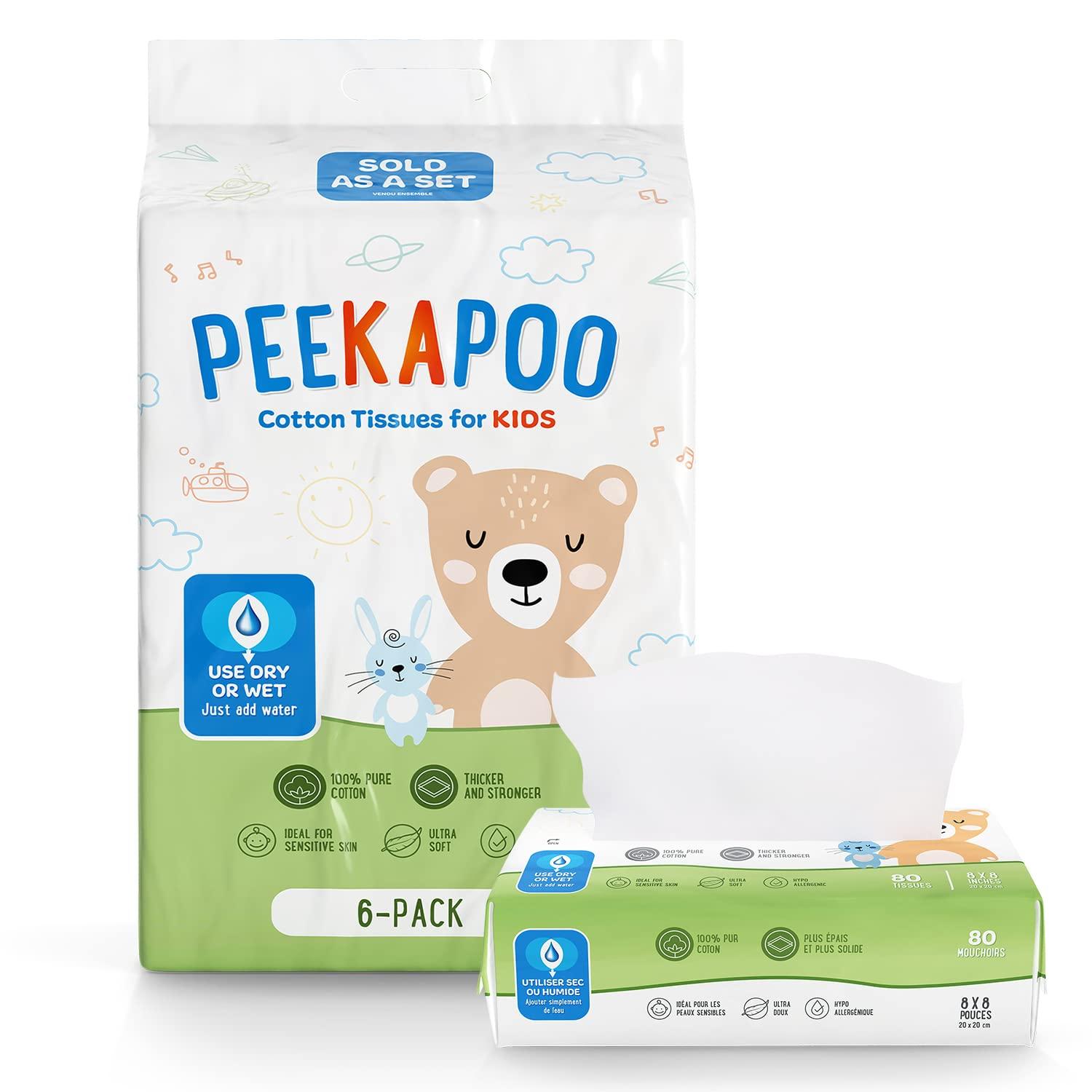 Peekapoo Peekapoo Cotton Tissues - Use Wet or Dry, Unscented, Hypoallergenic, Ultra Soft Tissues for Children, Suitable for Sensitive Skin, Strong & Absorbent, 480 Count
