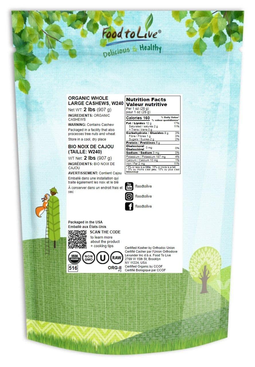 Food to Live Food to Live Organic Cashews, 2 Pounds Whole, Size W-240, Unsalted, Non-GMO, Kosher, Raw, Vegan, Bulk