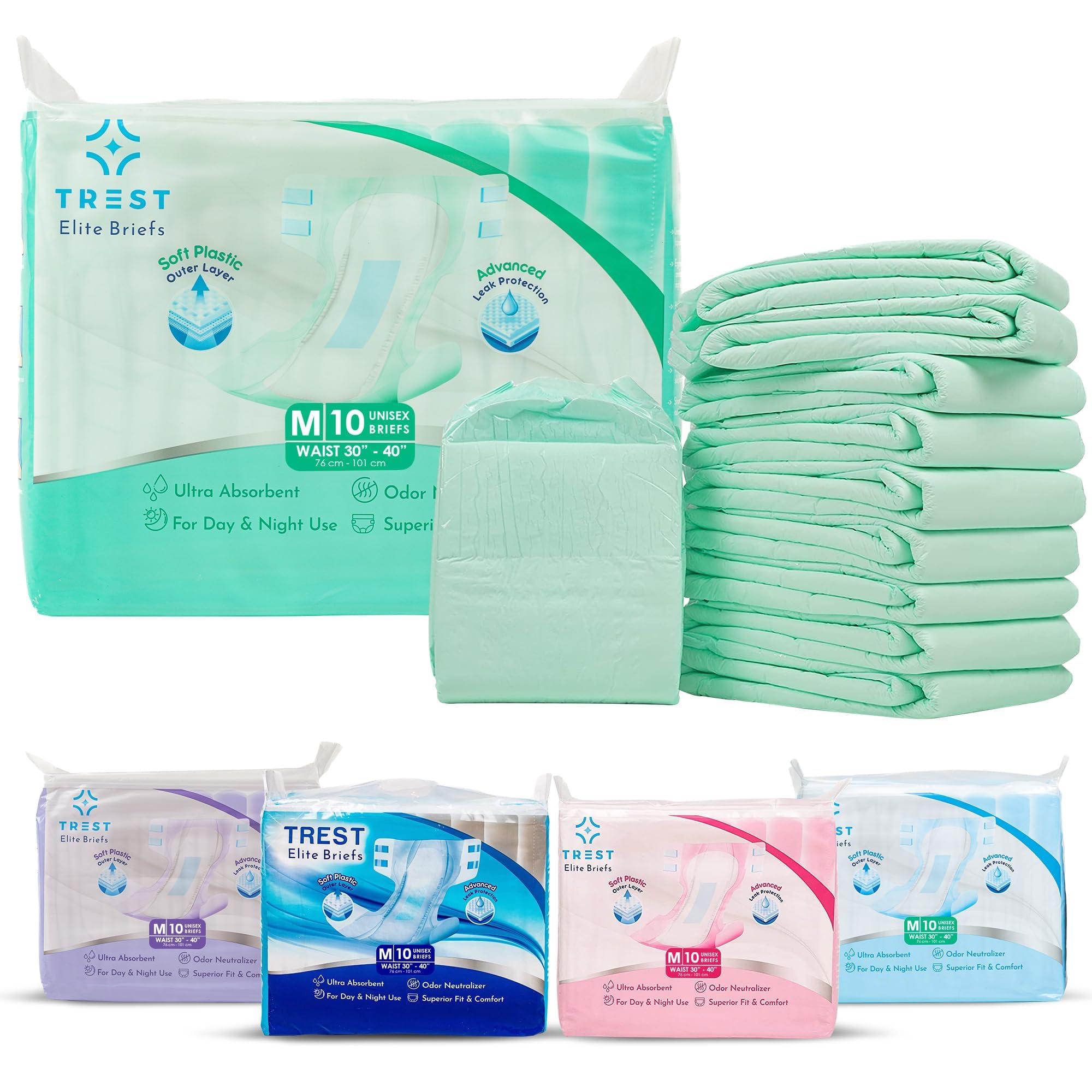 Trest TREST Elite Briefs for Men and Women, Overnight Diapers for Incontinence, Elite Absorbency, Comfortable, Odor Neutralizing and Secure Fit with 2 Wide Tabs - Green, Medium (Pack of 10)