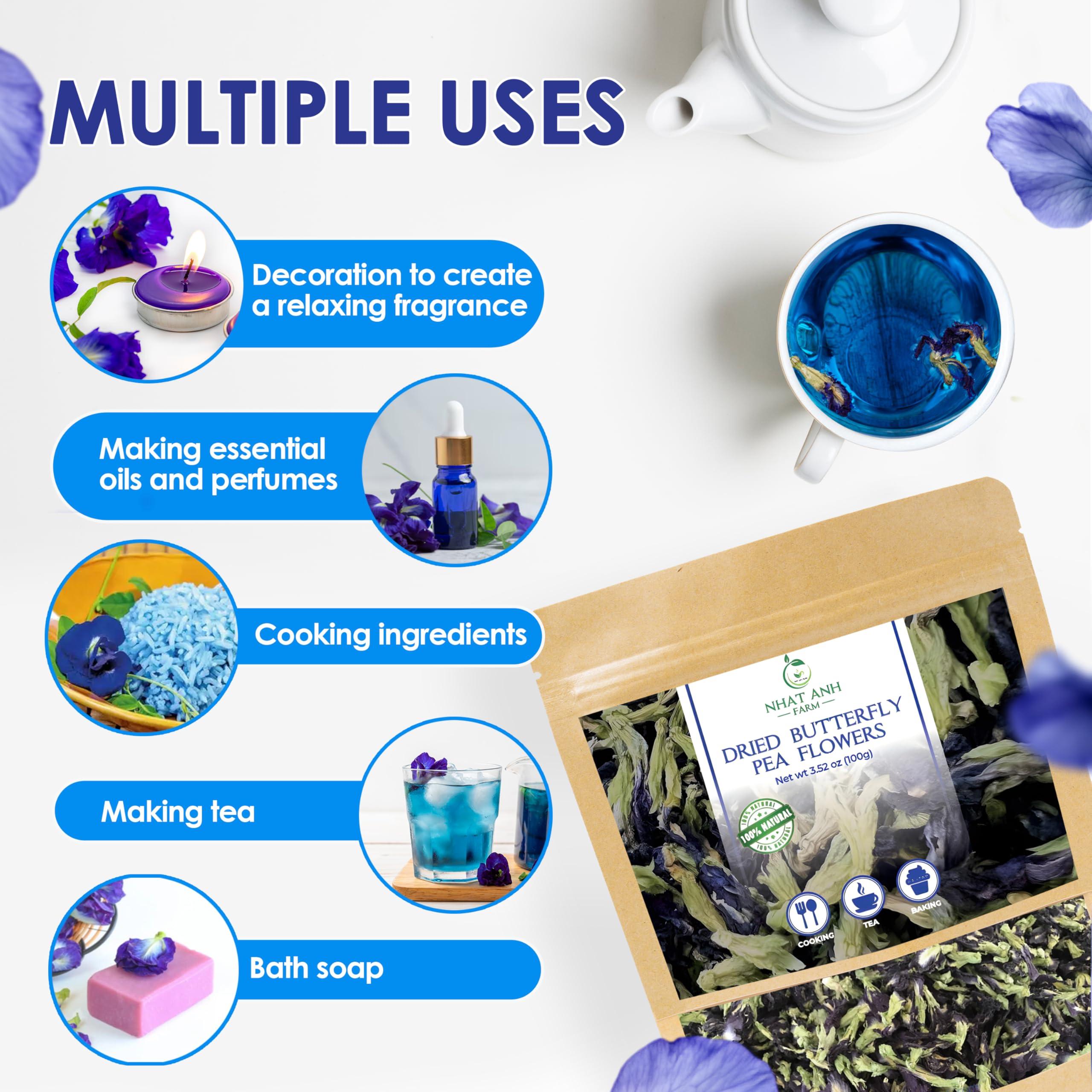 NHAT ANH FARM Nhat Anh Farm - Premium Dried Butterfly Pea Flower - 3,5oz(100g) Blue Butterfly Pea Flower - 100% Natural & Pure, Sugar/Caffeine/Gluten Free - For Making Tea