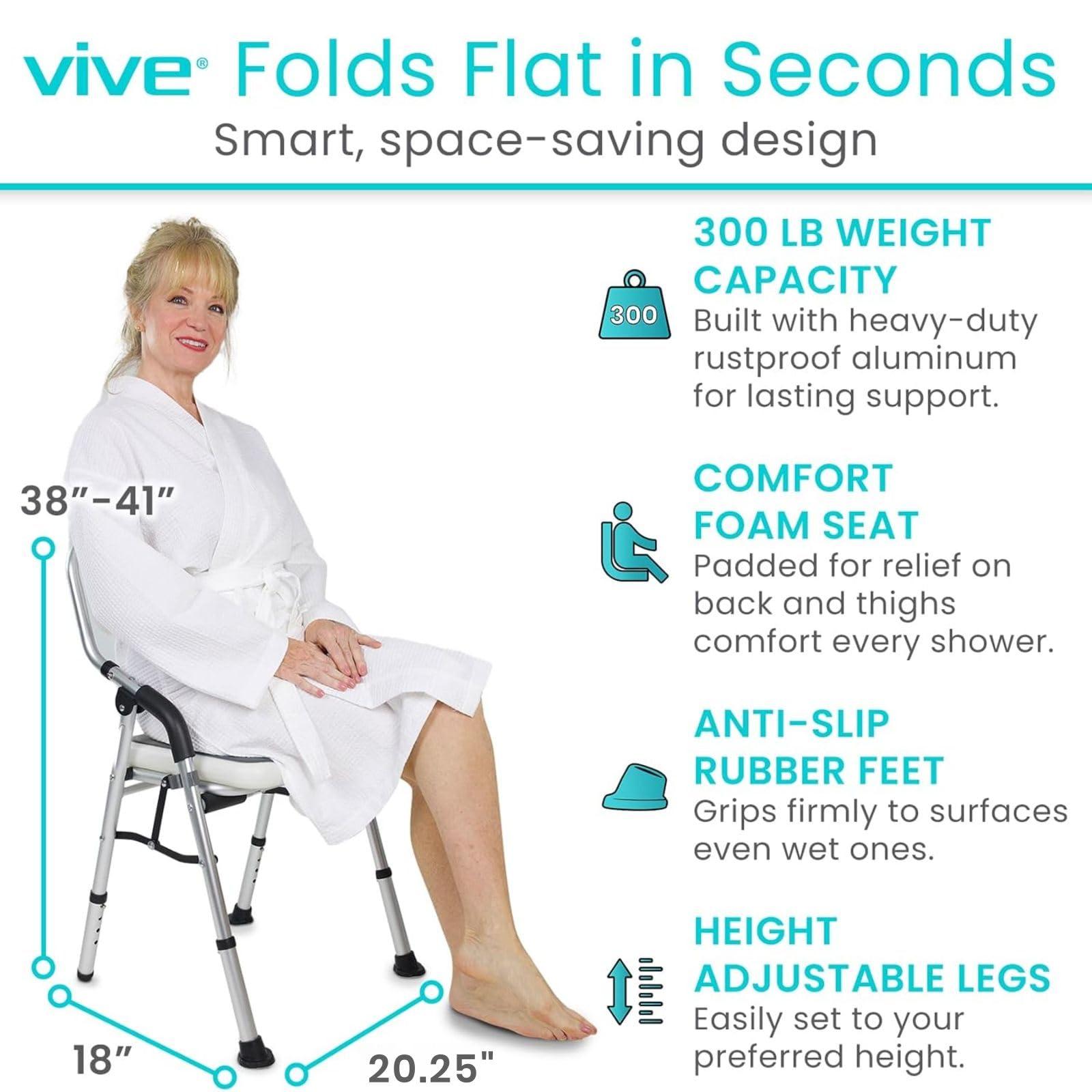 Vive Vive Shower Chair For Elderly And Disabled - Folding Seat With Arms And Back - Foldable Bathroom Chairs For Sitting, Inside Shower - Portable For Travel - Fold Down, Collapsible, Compact & Comfortable
