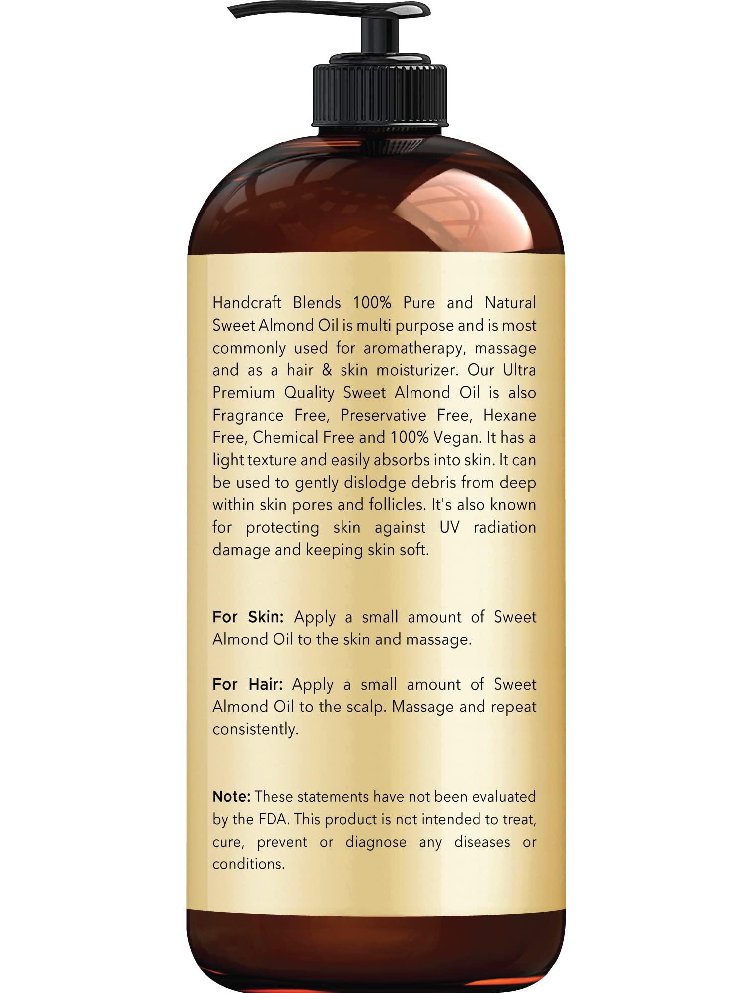 Handcraft Blends Handcraft Blends Sweet Almond Oil - 16 Fl Oz - 100% Pure and Natural - Premium Grade Carrier Oil for Skin and Hair - Hair and Body - Massage - Hexane-Free