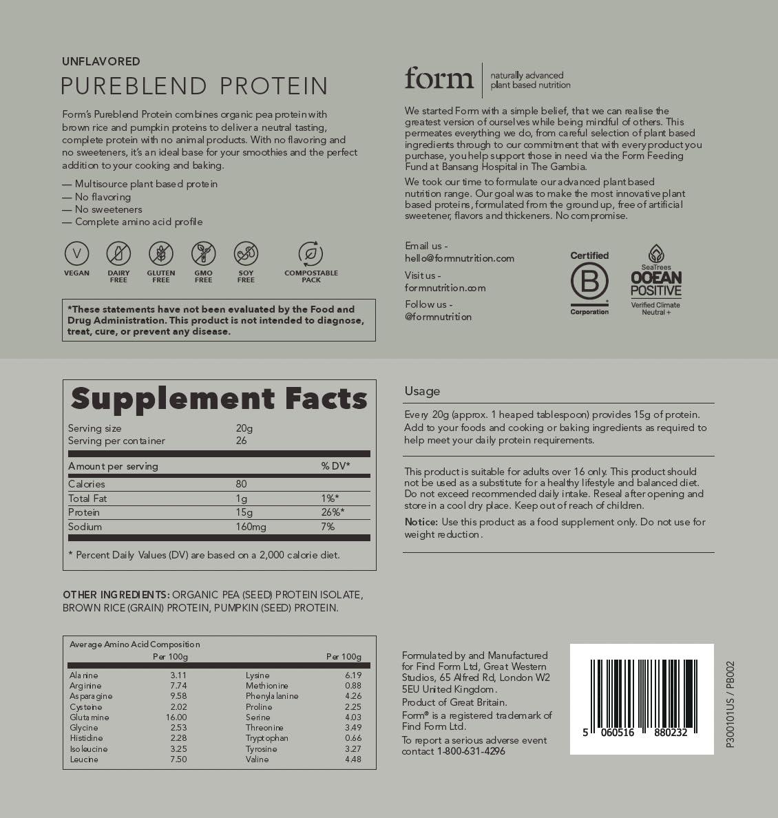 Form Form Pureblend Protein - Unflavored and Unsweetened Vegan Protein Powder - 15g of Plant Based Protein per Serving. Perfect for Your Smoothies, Cooking and Baking.