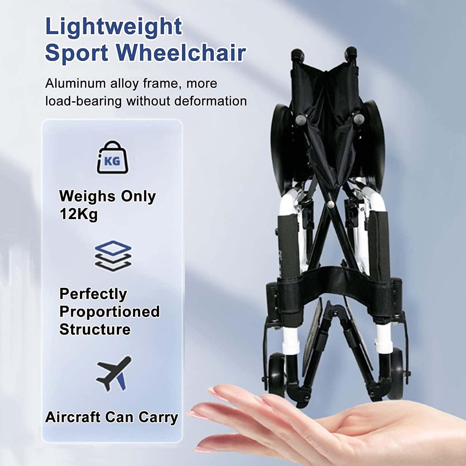 CUIOT Sports Wheelchair - Lightweight Folding Transport Wheelchairs with Adjustable Footrest And Seat Height, Aluminum Alloy Sports Leisure Racing Chair with Anti-Tipper for Disabled, 24" Rear Wheels,Blue,S