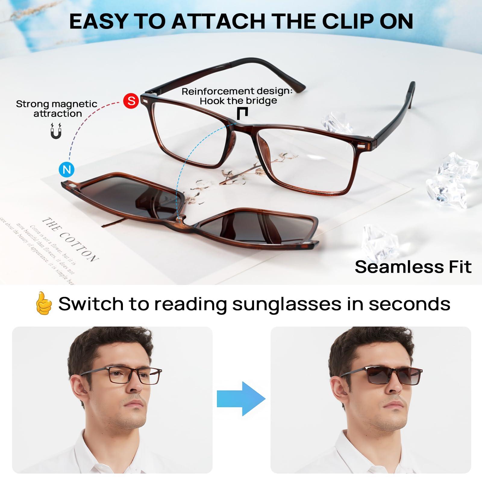 WEMOOTANTS WEMOOTANTS Reading Glasses 2.5 Men, with Outdoor Polarized Sunglasses Clip, Men\'s Rectangle Brown Readers 2.50