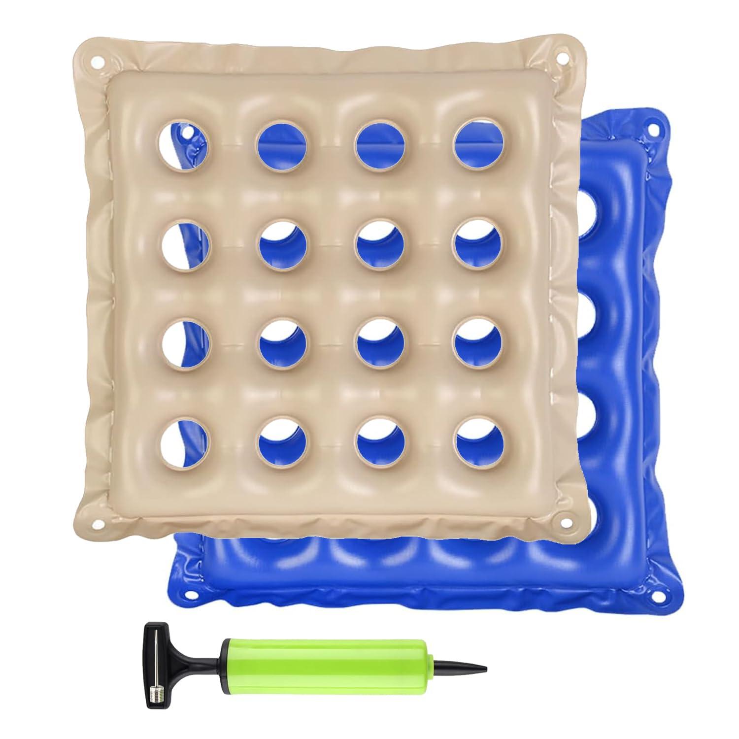 BIGINIWA Waffle Cushion 2 Pack - Inflatable Air Cushion with Pump - Pressure Sore Relief - Cream and Blue 17x17 Inch