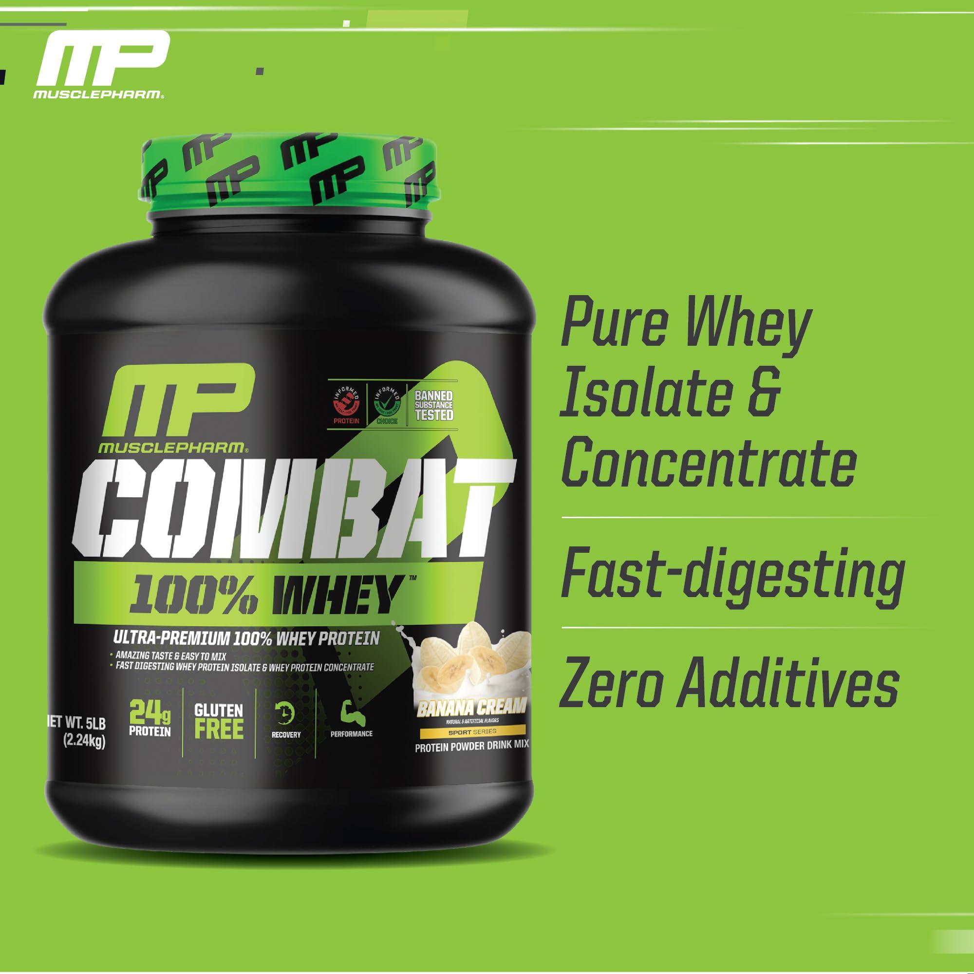 Muscle Pharm MusclePharm Combat 100% Whey Protein Powder, Banana Flavor, Fast Recovery & Muscle Gain with Whey Protein Isolate, High Protein Powder for Women & Men, Gluten Free, 5 lb, 70 Servings