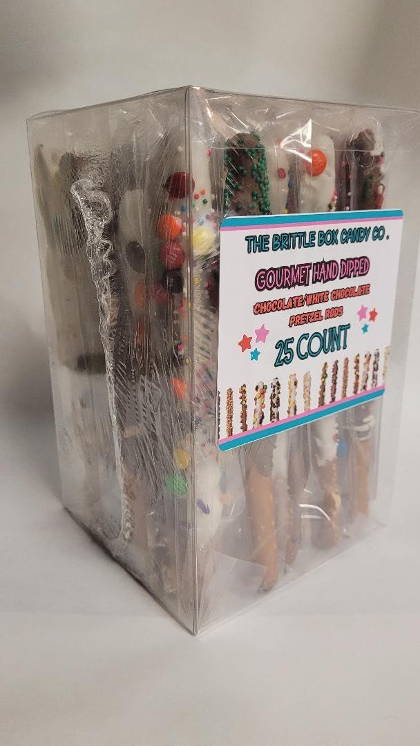 The Brittle Box Candy Co. Chocolate Covered Pretzel Rods 25 Count Gift Box Assorted Toppings