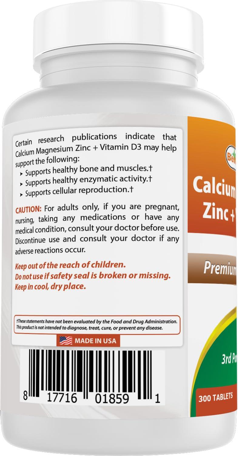 Best Naturals Best Naturals Calcium Magnesium Zinc with Vitamin D3, 300 Tablets - Calcium 1000 mg, Magnesium 400 mg, Zinc 25 mg & D3 600 IU per Serving (3 Tablets)