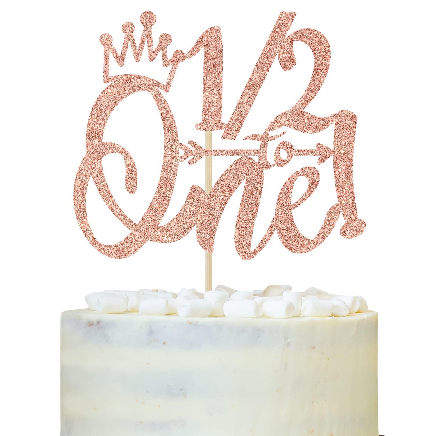 LOVELY BITON 1/2 Way to One Cake Topper, Half Way to One, 1/2 Birthday Cake Topper, Baby Boys Girls 6 Months Birthday Party Decorations Supplies Rose Gold Glitter