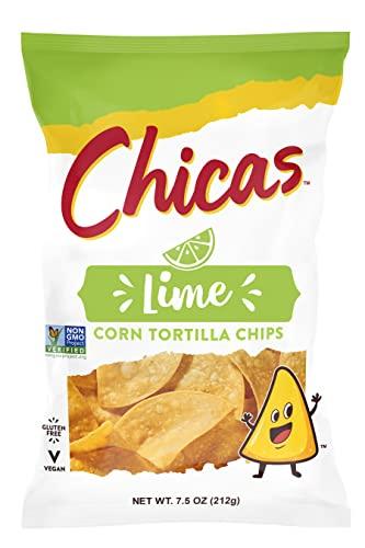 Chicas Chicas Tortilla Chips, White Corn Tortilla Chips Lime, Gluten Free, Vegan, Non-GMO, For Dips, Spreads & More, 7.5 Ounce Bag (Pack of 6)