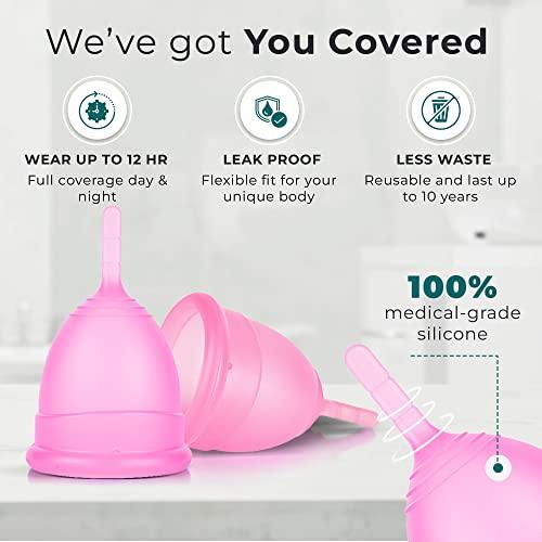 EcoBlossom EcoBlossom Menstrual Cup Kit - Tampon, Pad, and Disc Alternative Product - Wear for 12 Hours - Reusable Period Cup/Copa Designed with Soft Flexible Medical-Grade Silicone (Small & Large)