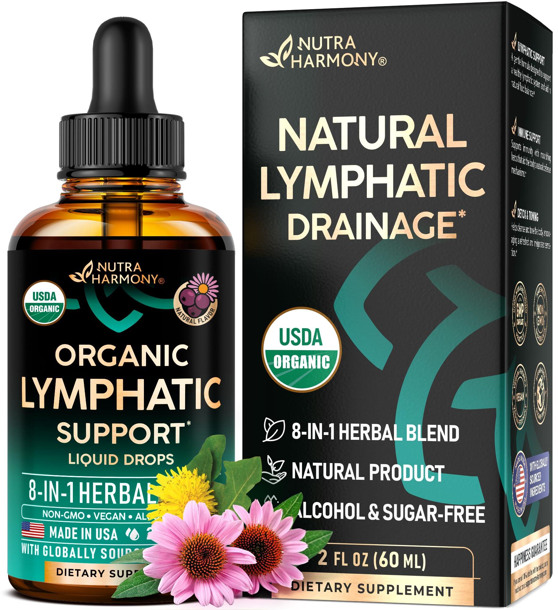 NUTRAHARMONY USDA Organic Lymphatic Drainage Supplement - Echinacea | Elderberry | Dandelion | Rosehip | Cleavers | Calendula | Burdock - Made in USA - Lymph System Drops - Immune Support, Cleanse & Detox, 2 fl oz