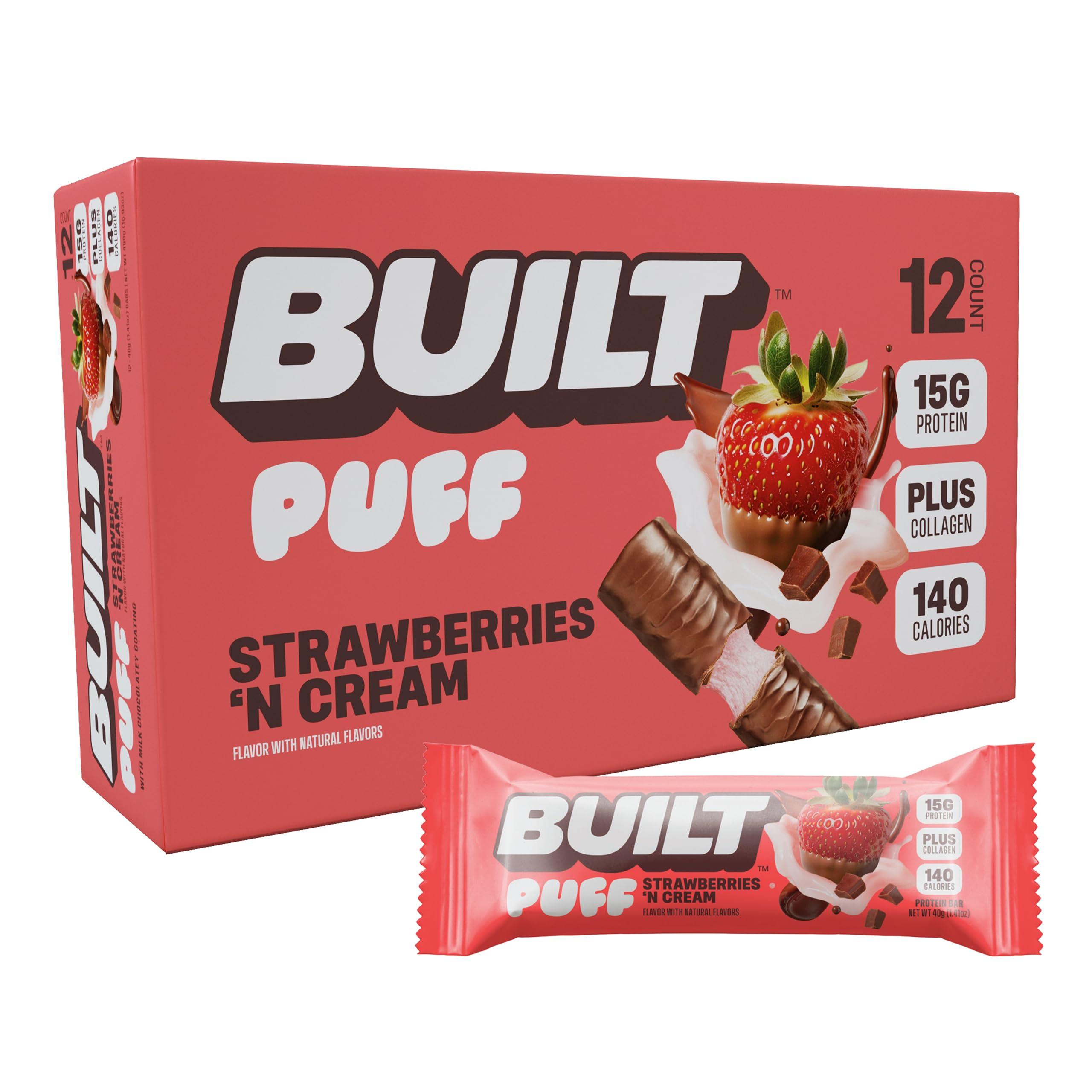 Built Bar BUILT Puffs Protein Bars, Strawberries \'N Cream Puff - High Protein Bars, 15g High Protein Snacks, On-The-Go Bars with only 140 Calories, 8g Sugar, Collagen, Gluten Free, 12 Count