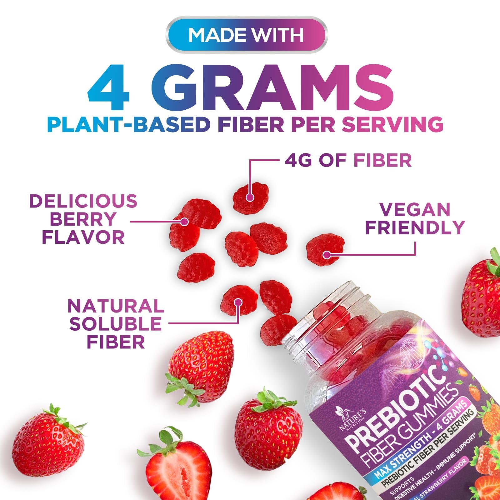Nature's Nutrition Fiber Gummies for Adults, Daily 4g Gummy Fiber Supplement, Prebiotic Digestive Health Support - Plant Based Soluble Fiber, Supports Regularity & Digestion for Adults Non-GMO - 120 Gummies