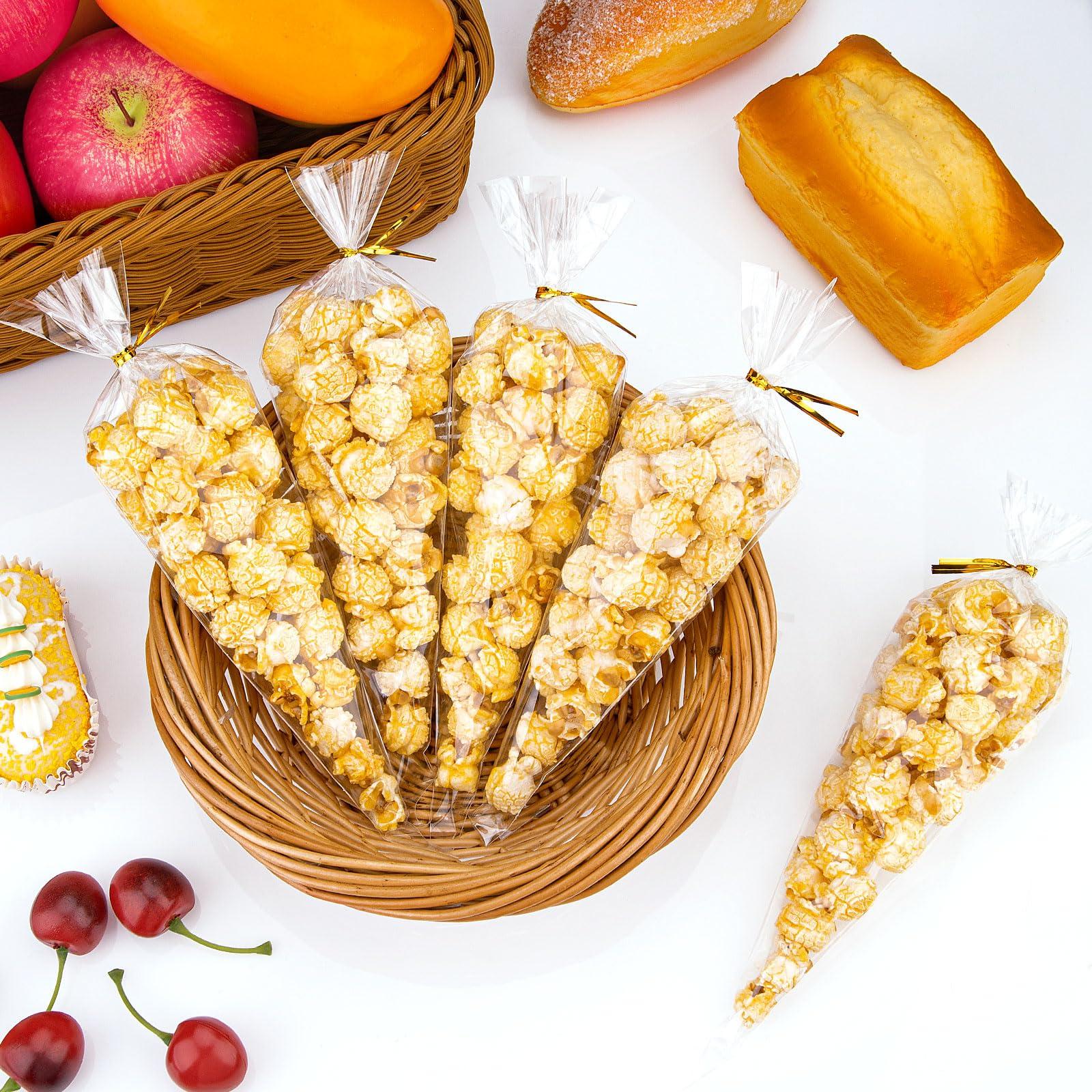 Awpeye Awpeye 200PCS Cone Cellophane Bags 5.12x9.84 Inches Plastic Cone Bags Clear Cone Shaped Treat Bags with 200PCS Gold Twist Ties