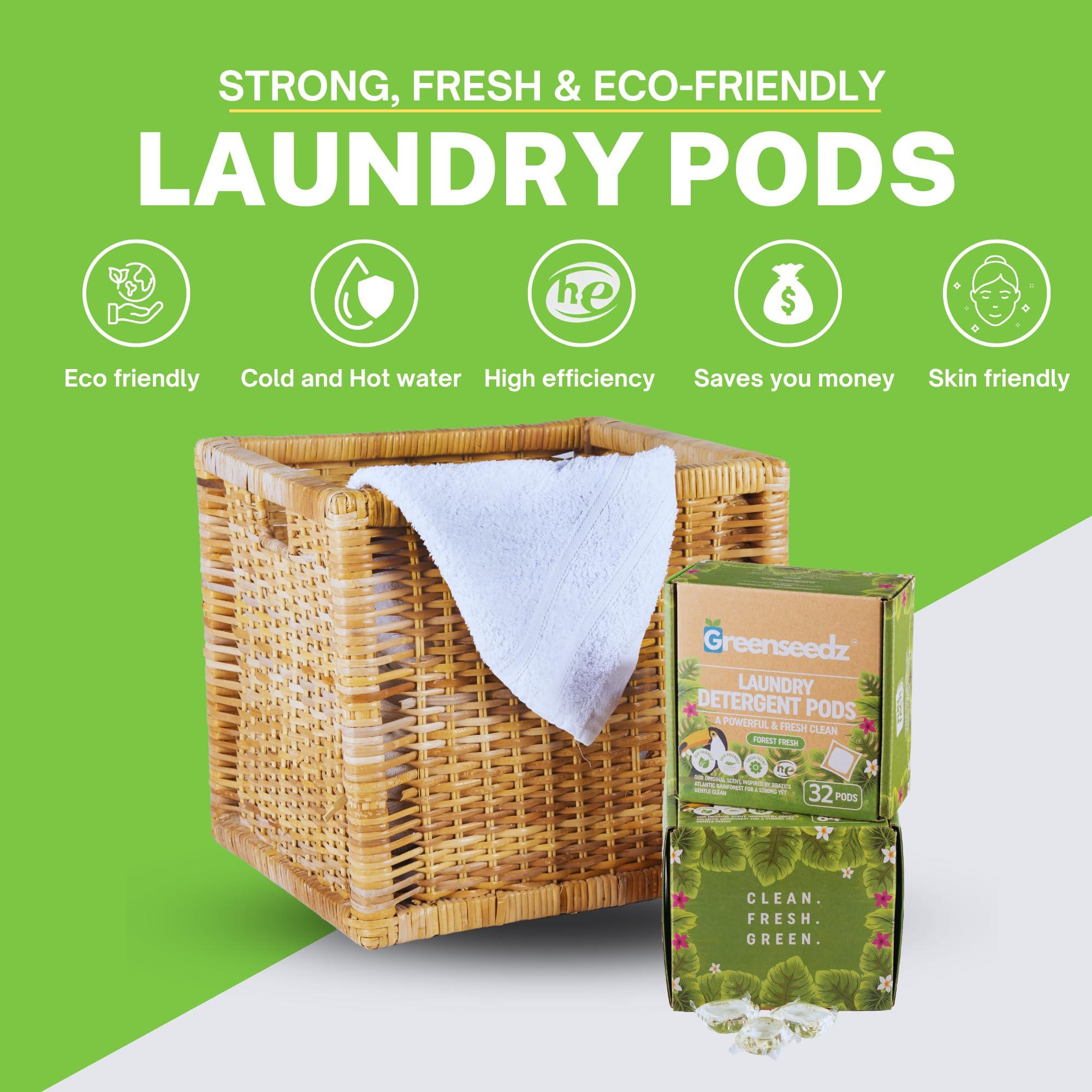 Greenseedz Greenseedz Eco Friendly Laundry Detergent Pods, 32 Pods, Powerful Stain And Odor Removal, Skin Friendly, Rainforest Fresh Scent, Biodegradable and Sustainable Laundry Pods, HE Compatible