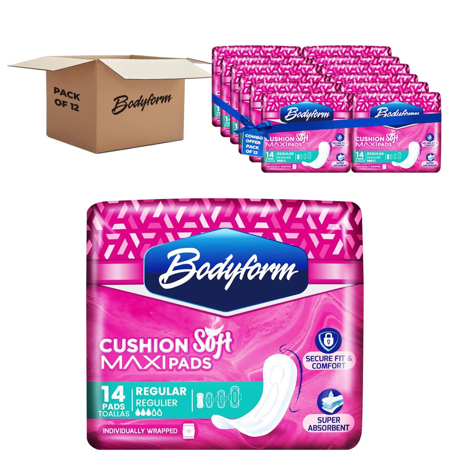 BODYFORM Bodyform Maxi - Premium Sanitary Napkins, Cushion Soft Always Comfortable and Ultra-Absorbent (Regular, 168 Count (12 Packs of 14 Counts))