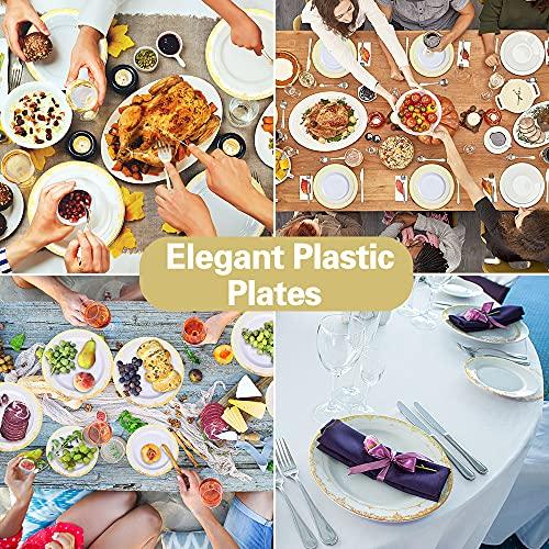 IUMÉ Plastic Plates, 100 Piece Gold Heavy Duty Plastic Dinner Plates, 10.25inch Disposable Plastic Dinnerware Plates and 7.5inch Dinner Dessert Plates Tableware Sets Disposable Plates for Wedding,Party