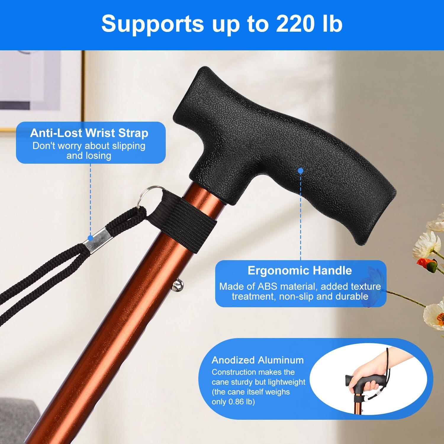 supregear supregear Folding Cane - Foldable Walking Cane for Men & Women - Adjustable Collapsible Self-Standing Cane with T-Handle and Anti-Lost Wrist Strap, Balancing Mobility Aid for Elderly Men Women, Brown