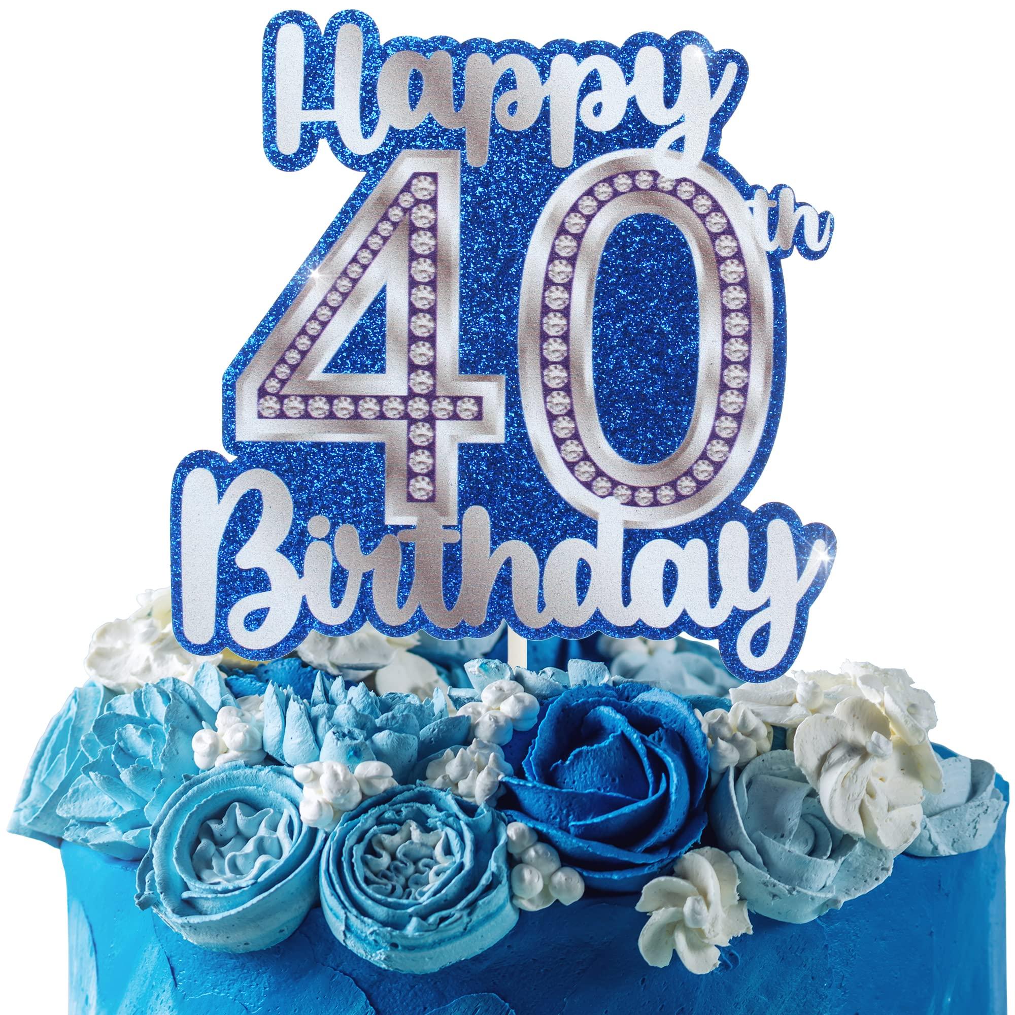 HEYUWING Happy 40th Birthday Cake Topper Crystal Rhinestones Theme Decor Supplies Woman Man Happy Birthday Party Decorations Blue Glitter