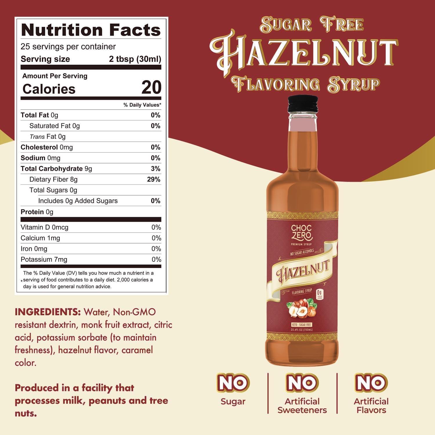 ChocZero ChocZero Sugar Free Hazelnut Syrup for Coffee - Keto Flavoring Syrups - Low Calorie Simple Syrup for Flavored Drinks, 25.4 Ounces Bottle (Pack of 1)
