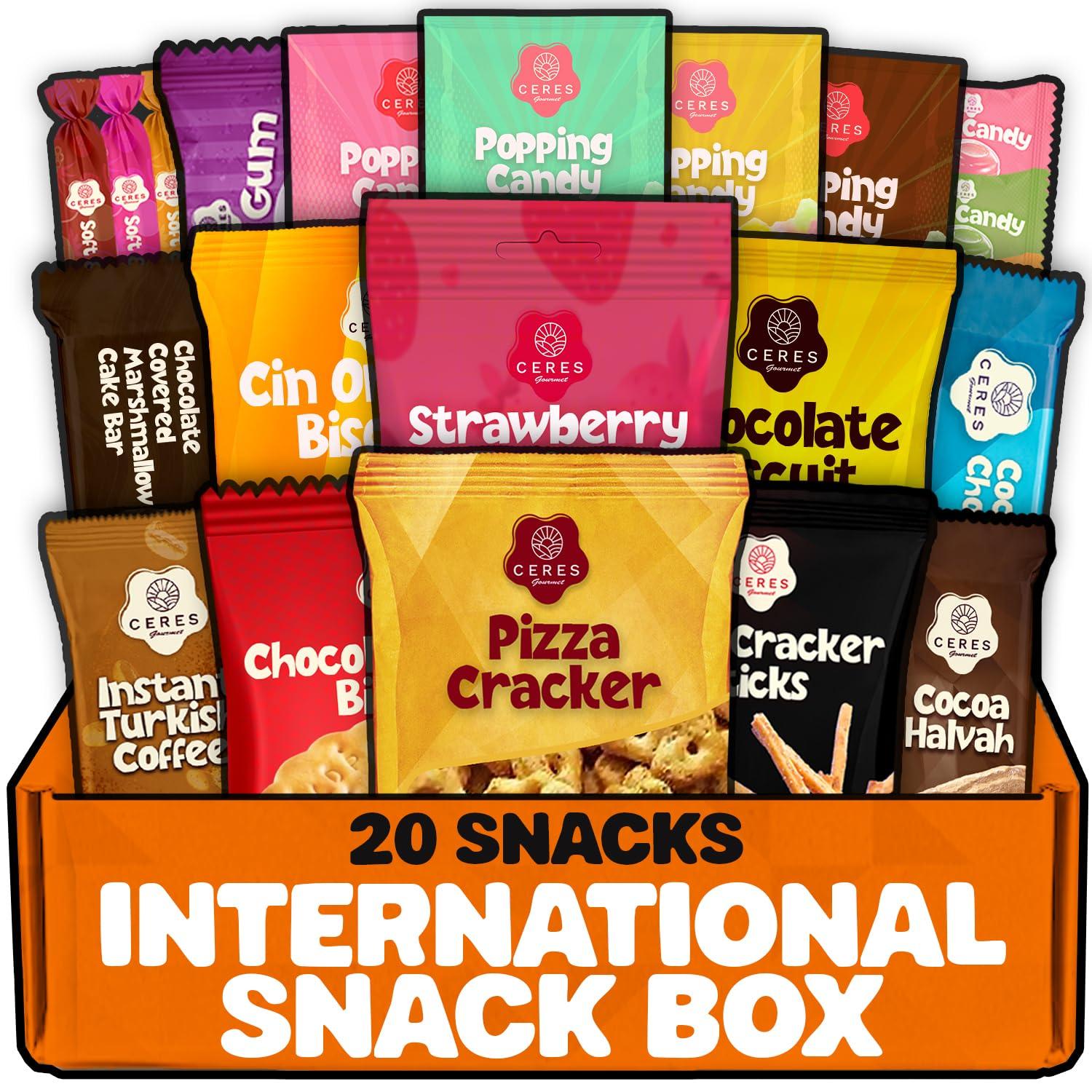 Ceres Gourmet International Snack Box Variety Pack, 12 Different Snacks with 15+ Pieces Count Premium Foreign Rare Snacks and Candies, Sweet & Sour Candy Pack for Christmas Thanksgiving or More