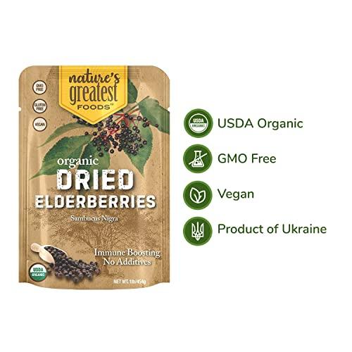 Nature's Greatest Foods Organic Dried Elderberries, 1 lb Bulk, Immune Boosting, No Additives, Non GMO, No Sugar Added, Wildcrafted, Non-irradiated, Sambucus Nigra, Product of Ukraine, Resealable Bag