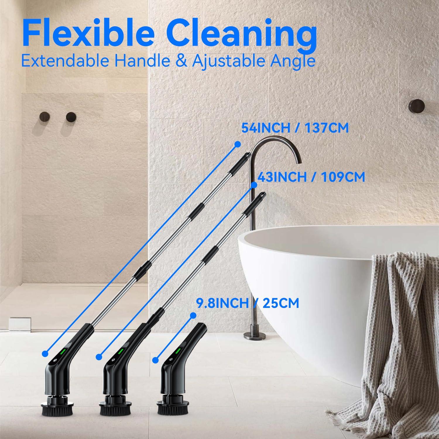 RERBIO Electric Spin Scrubber,Bathroom Cleaning Brush with Long Handle 8 Replaceable Brush Heads, 2 Adjustable Speeds, Cordless Power Cleaning Brushes for Bathtub Grout Tile Floor
