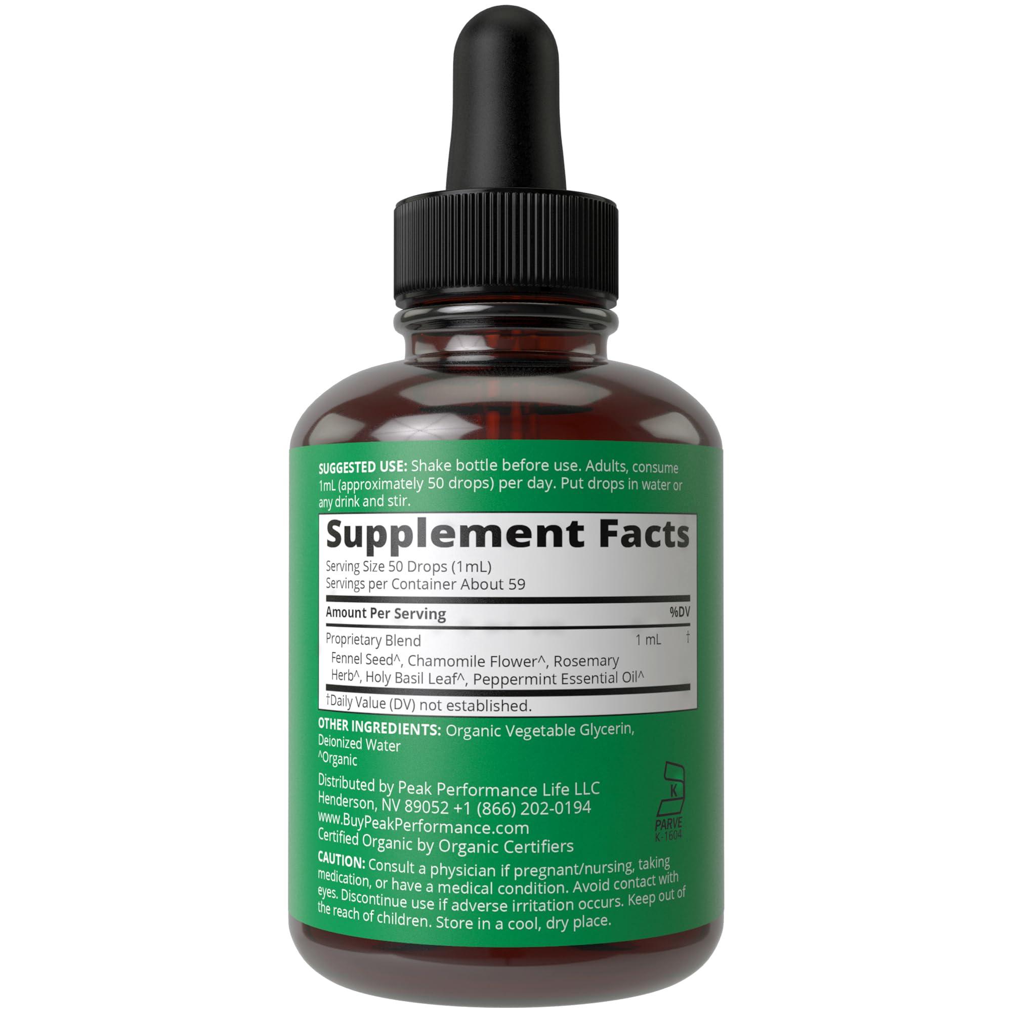 Peak Performance USDA Organic IBS Relief 5-In-1 Liquid Drops. For Ingestion, Bloating, Gas. Irritable Bowel Supplement With 5 Organic Ingredients. Peppermint Oil, Fennel Seed, Chamomile Flower, Rosemary, Holy Basil