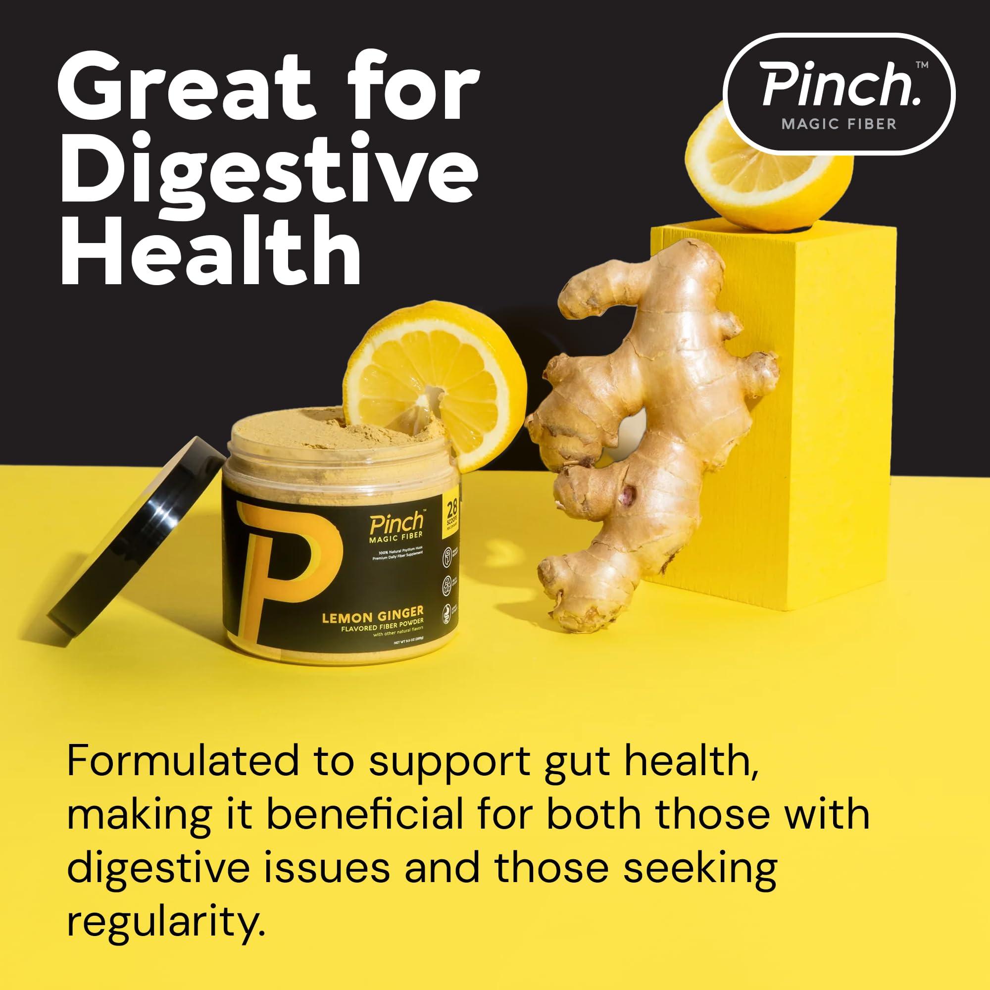 Pinch Pinch Magic Fiber Supplement Powder | Lemon Ginger Flavored Psyllium Husk Powder for Digestive Health & Gut Support | Low Sugar Supplement for Keto & Vegan Diets | USA-Made | 28-Day Supply
