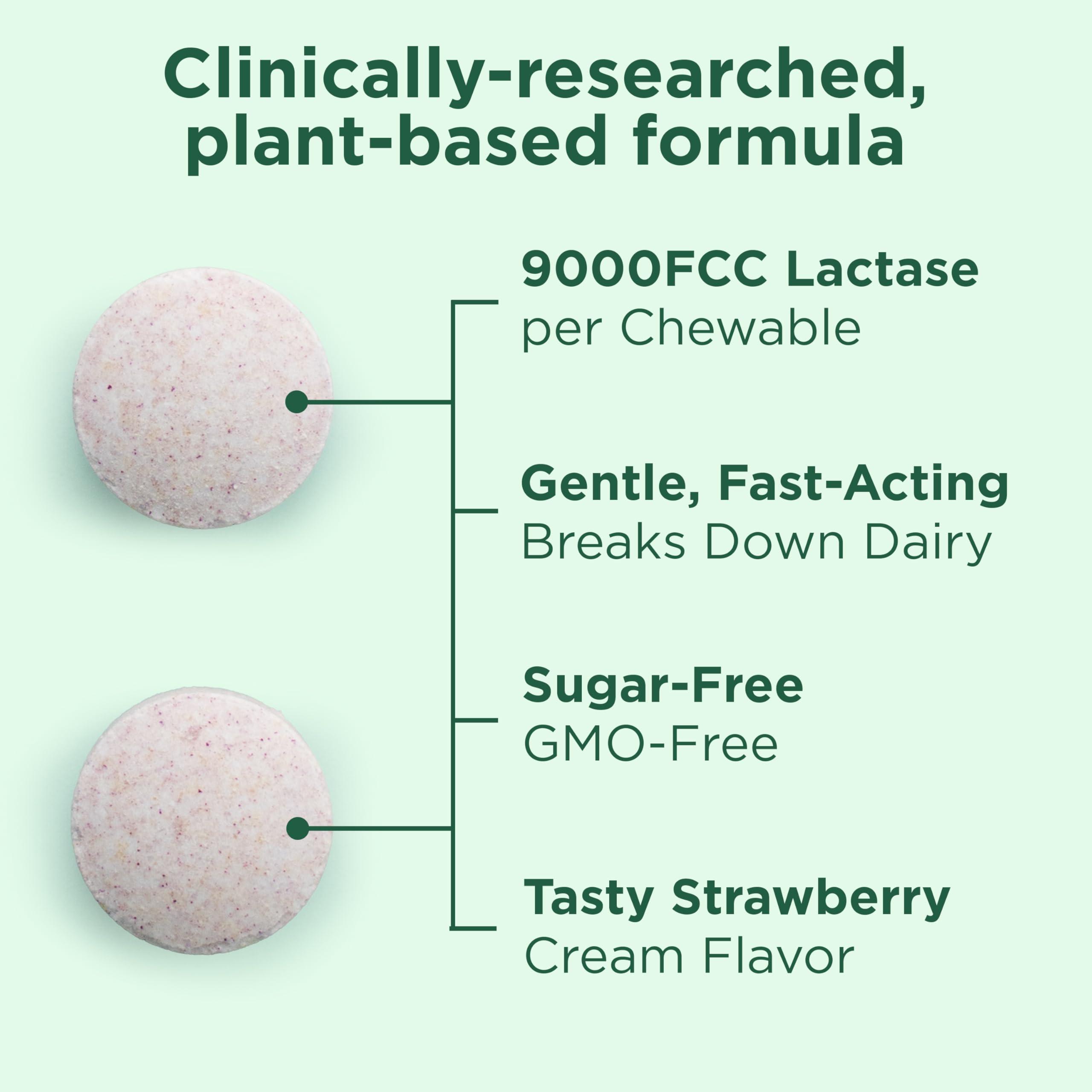 Yuve Fast Acting Dairy Relief Chewables - Natural Lactase Enzyme 9000 FCC - Say Goodbye to Dairy Discomfort - Dairy Pills for Lactose Intolerance Pills Chewable - Delicious Strawberry Cream Flavor - 30ct